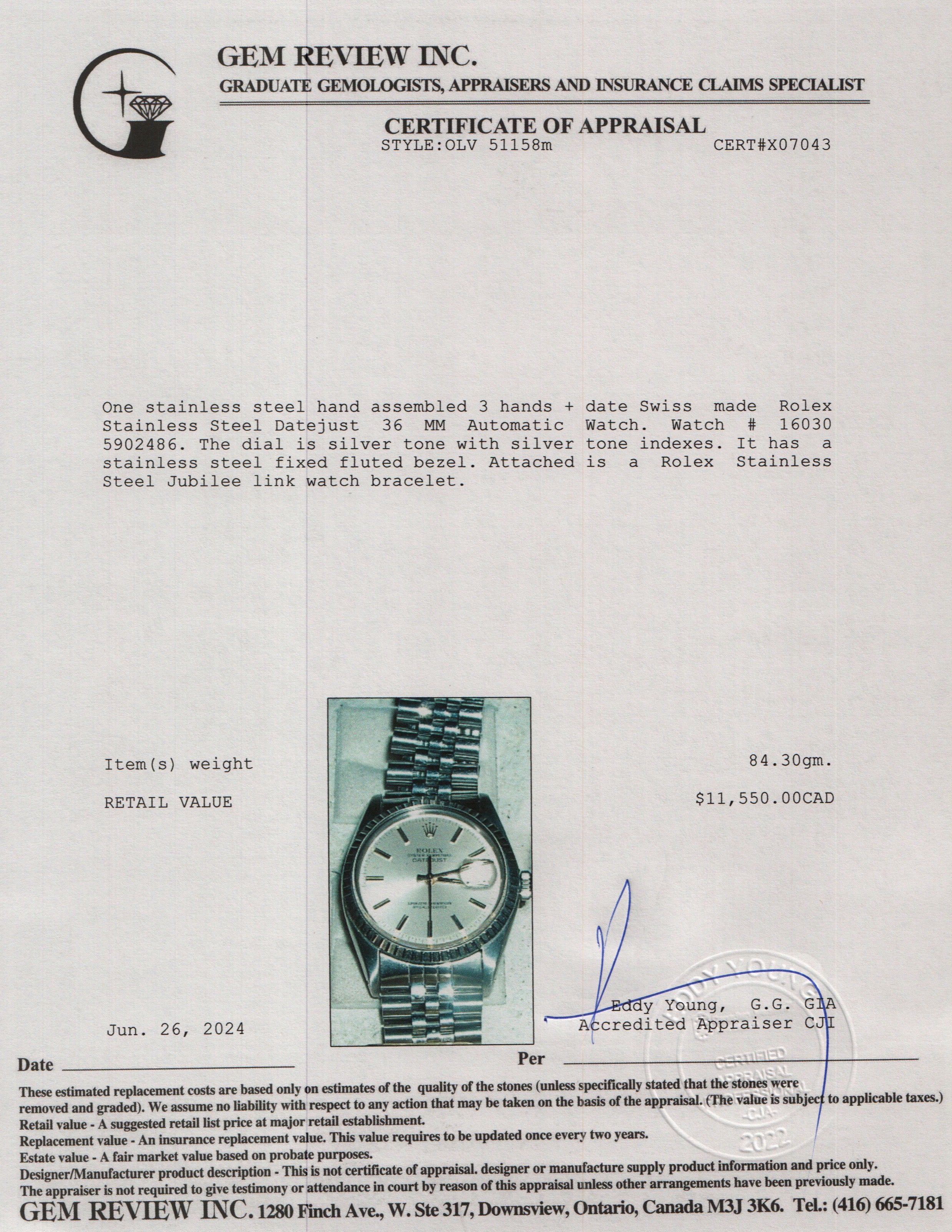 Rolex Stainless Steel Datejust 36 MM Automatic Watch 16030