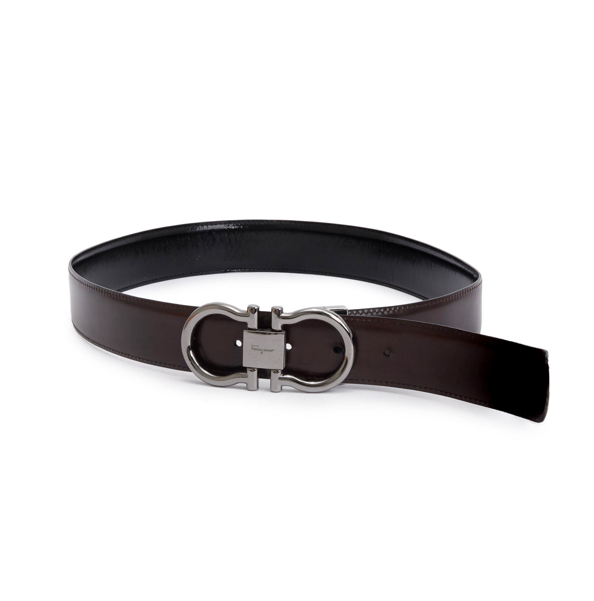 Ferragamo Black/Brown Smooth Leather Reversible and Adjustable Gancini Belt