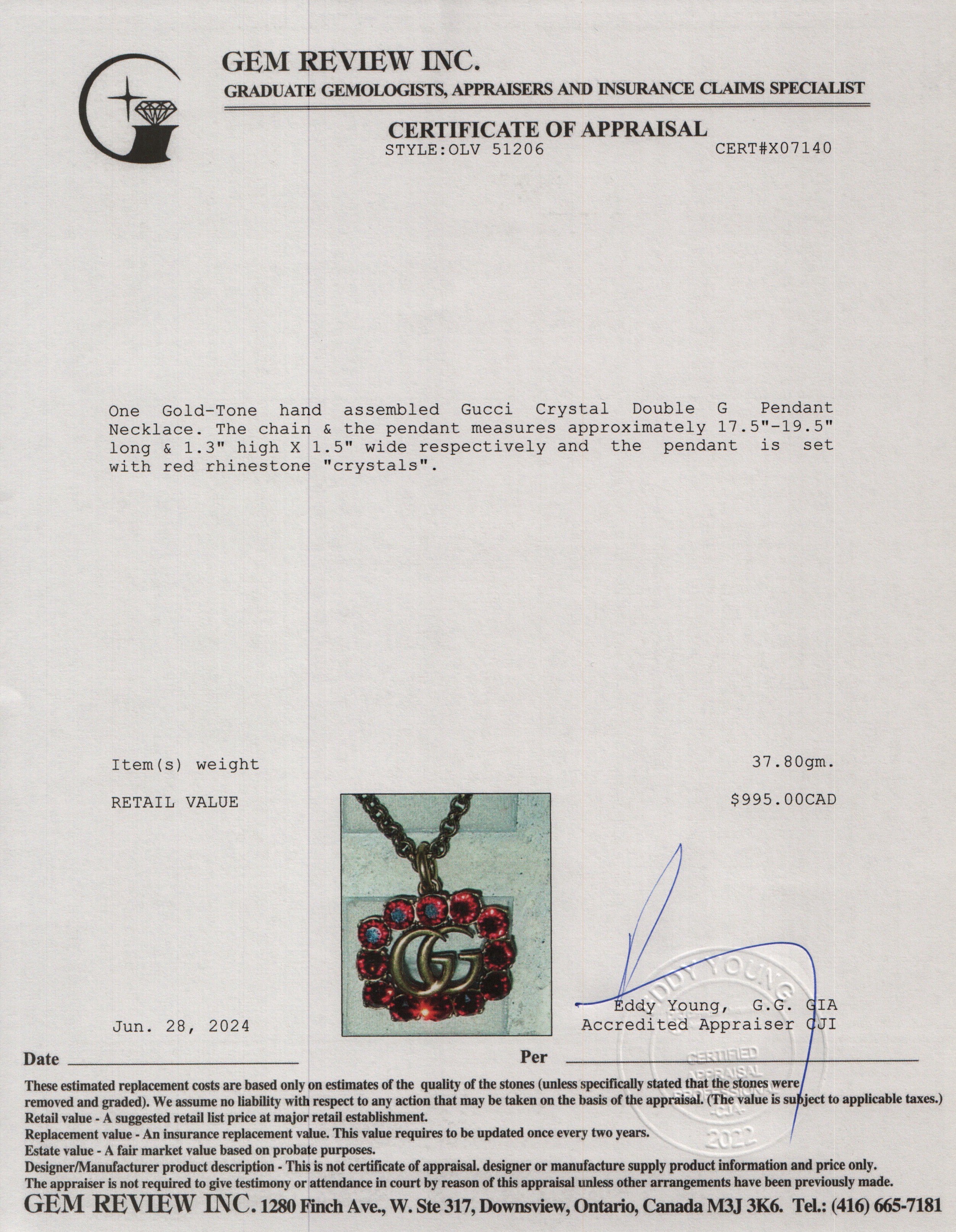 Gucci Gold-Tone Metal Crystal Double G Pendant Necklace w/ Box