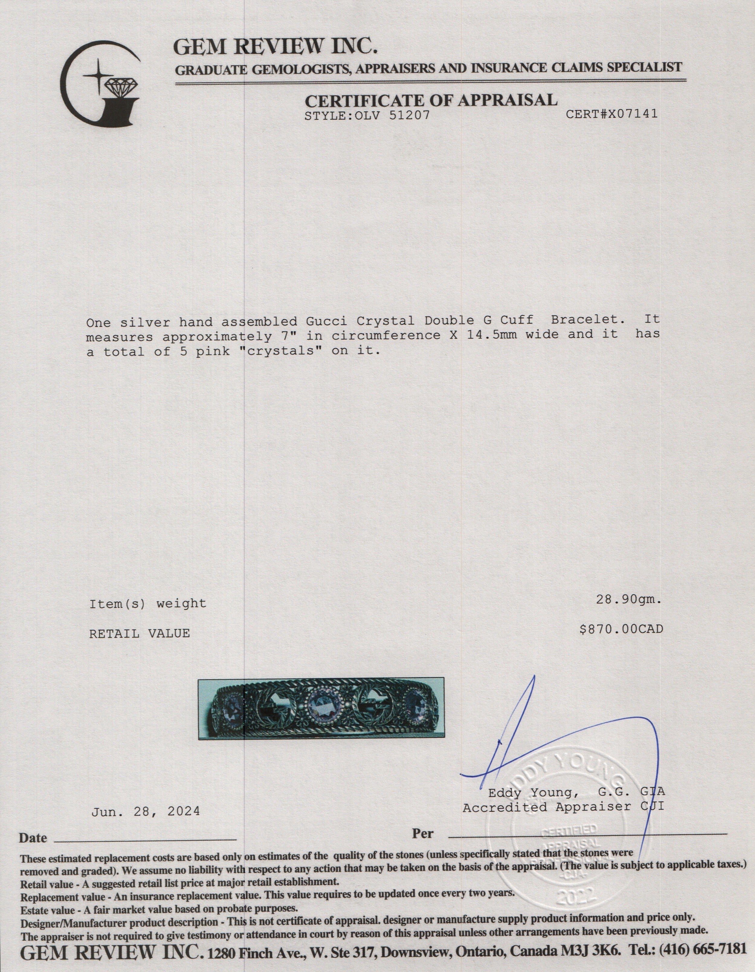 Gucci Sterling Silver Crystal Double G Cuff Bracelet