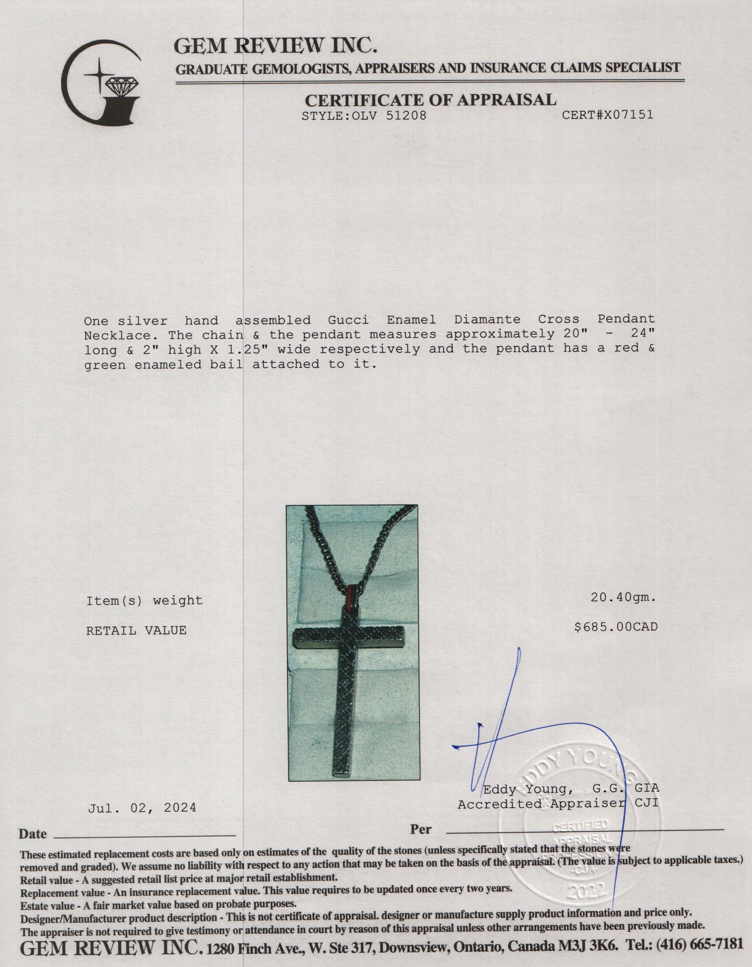 Gucci Sterling Silver Enamel Diamante Cross Pendant Necklace