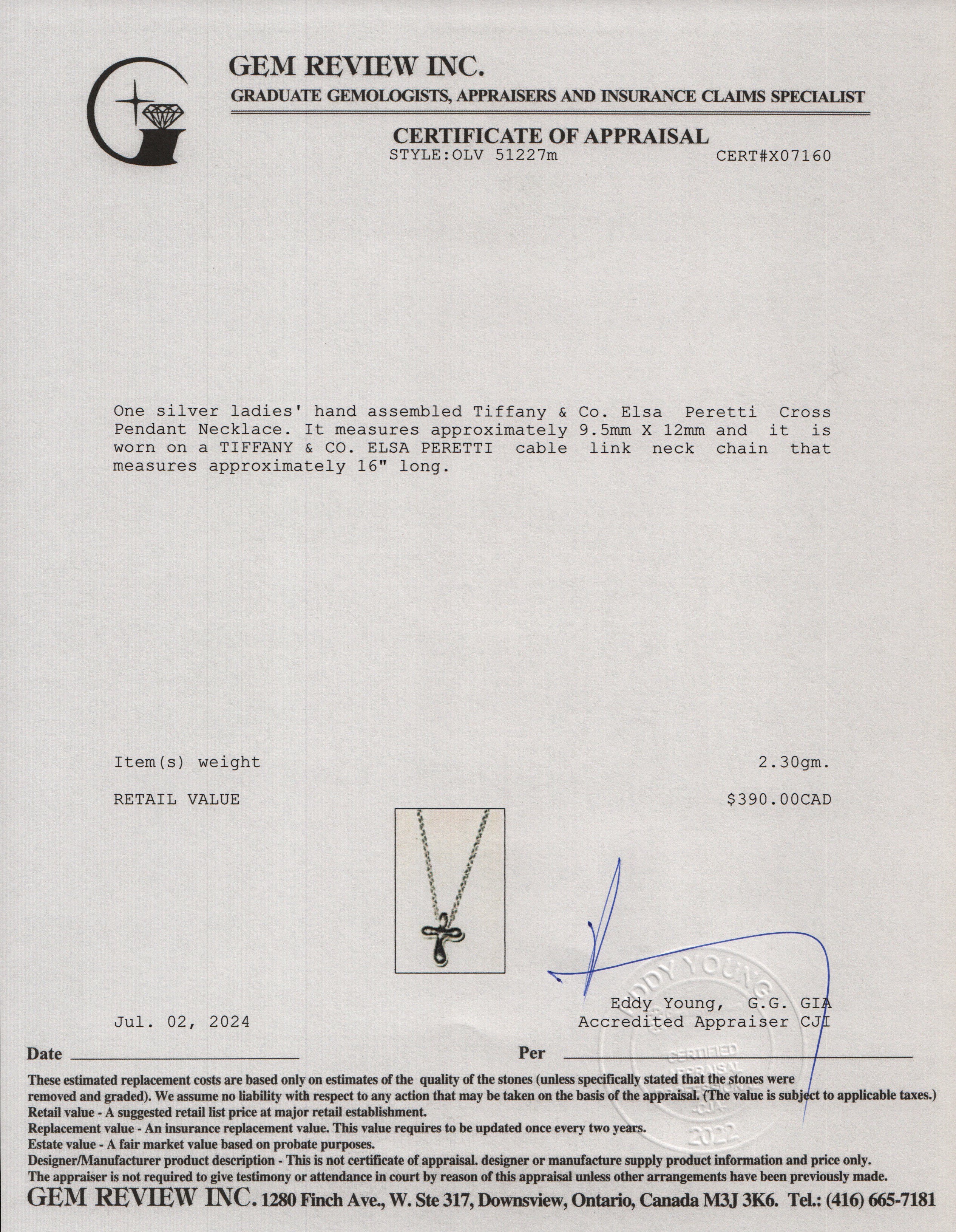 Tiffany & Co. Elsa Peretti Sterling Silver Cross Pendant Necklace