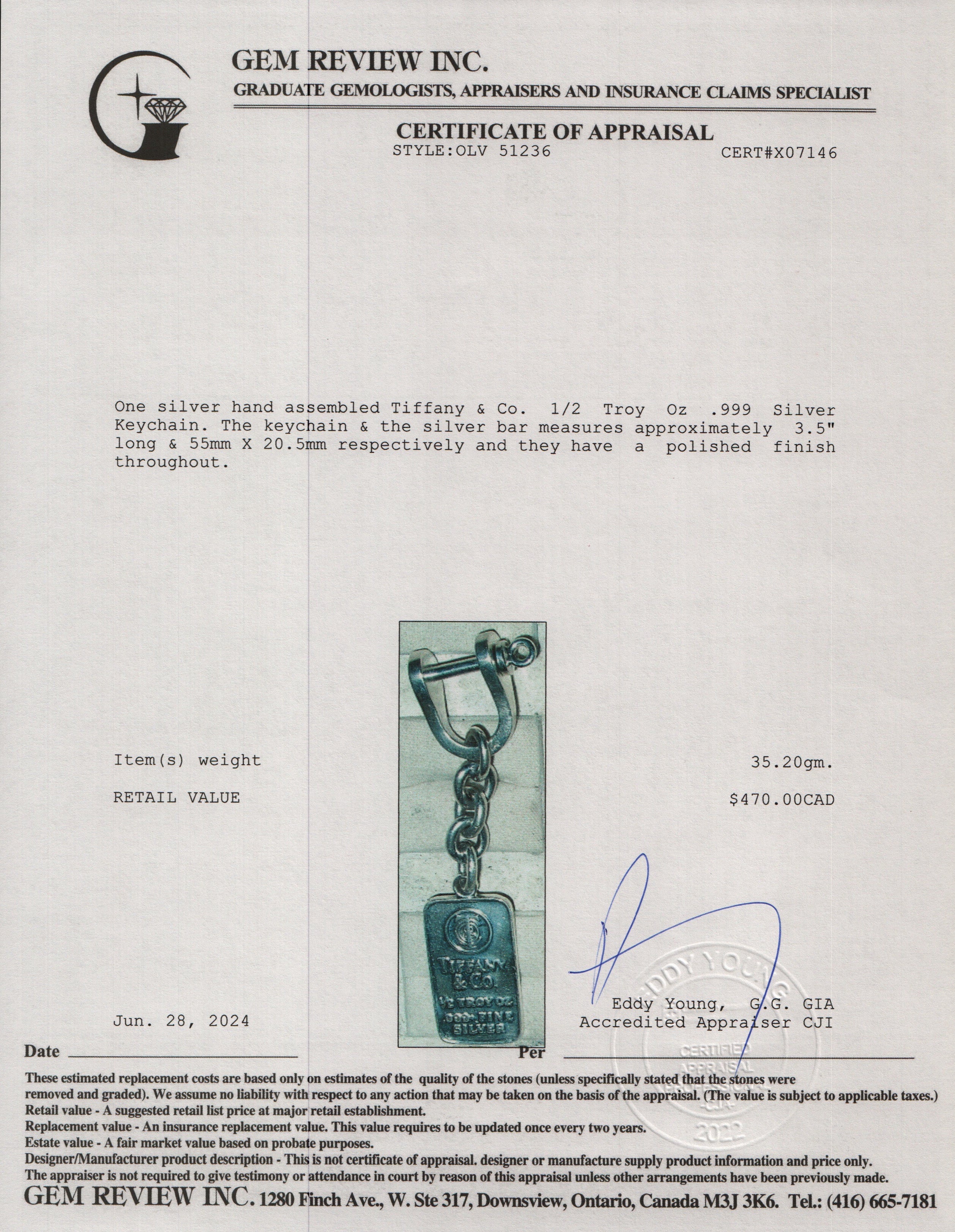 Tiffany & Co. Sterling Silver 1/2 Troy Oz .999 Silver Keychain