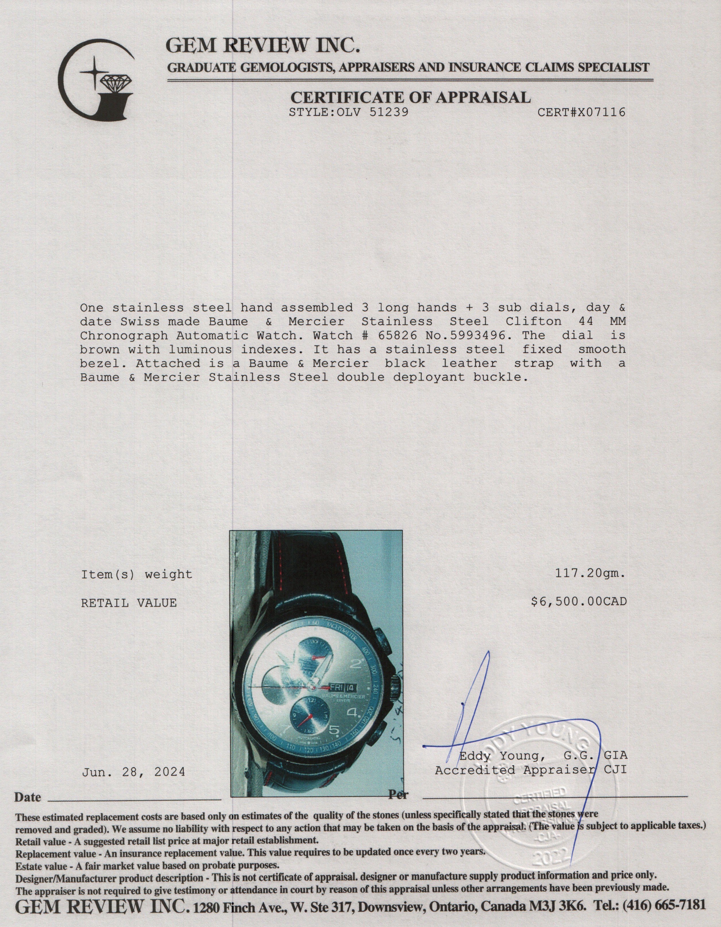 Baume & Mercier Stainless Steel Clifton 44 MM Chronograph Automatic Watch w/ Box & Papers