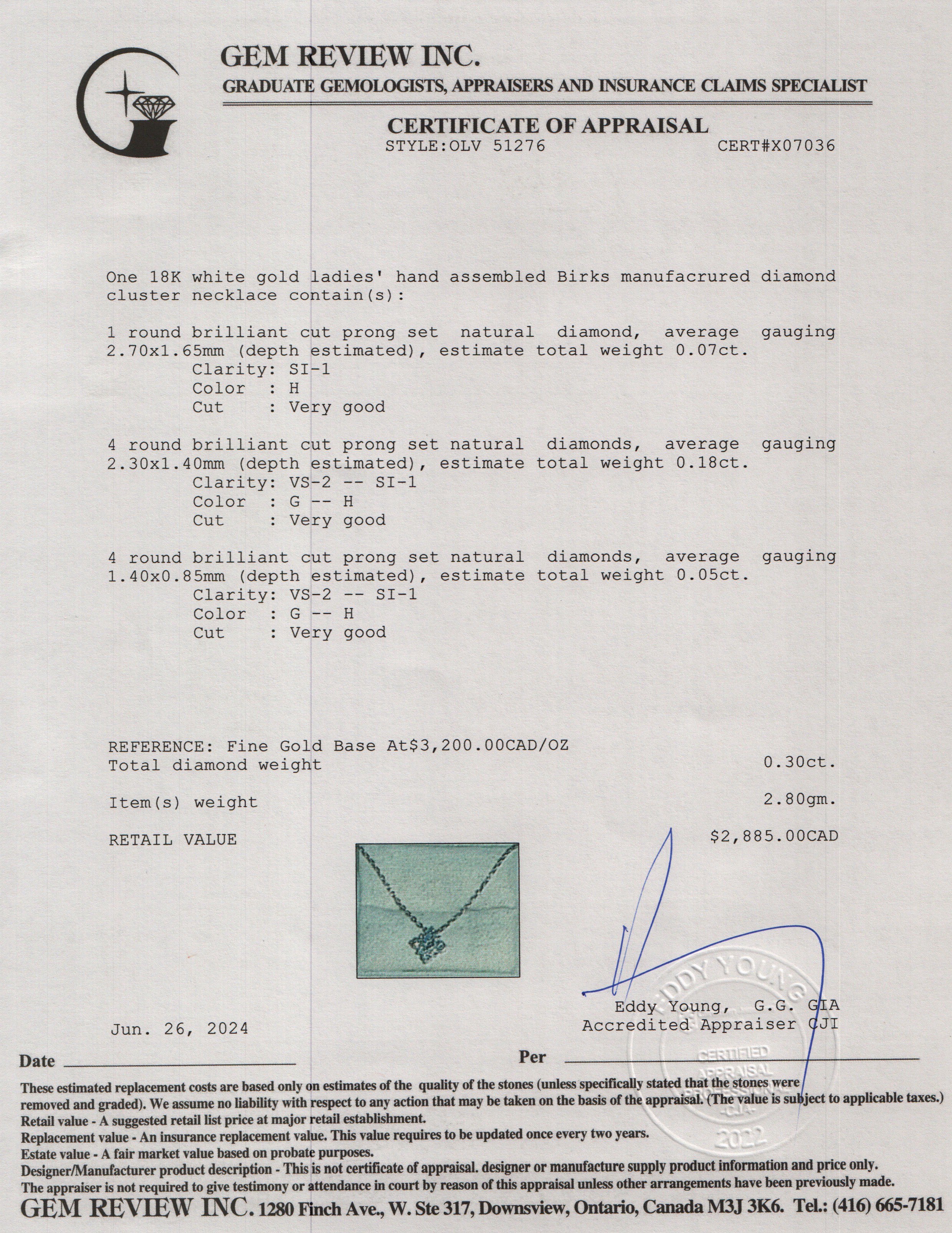 Birks 18k White Gold Cluster Diamond Pendant Necklace w/ Box & Receipt