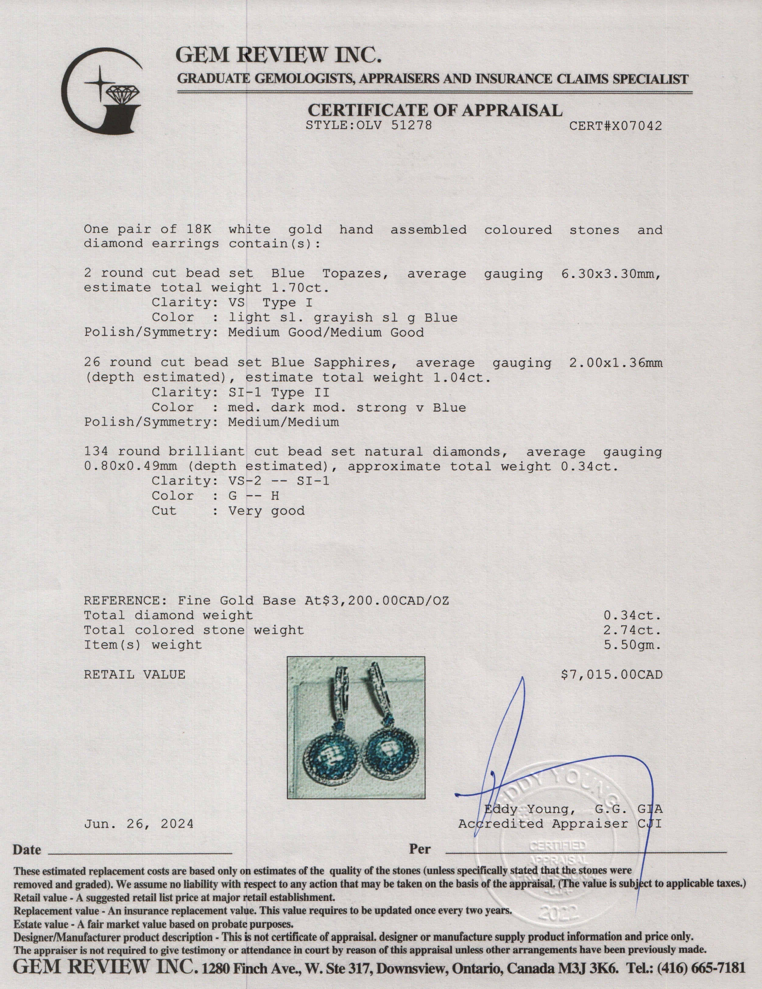 18k White Gold Blue Sapphire & Diamond Drop Earrings