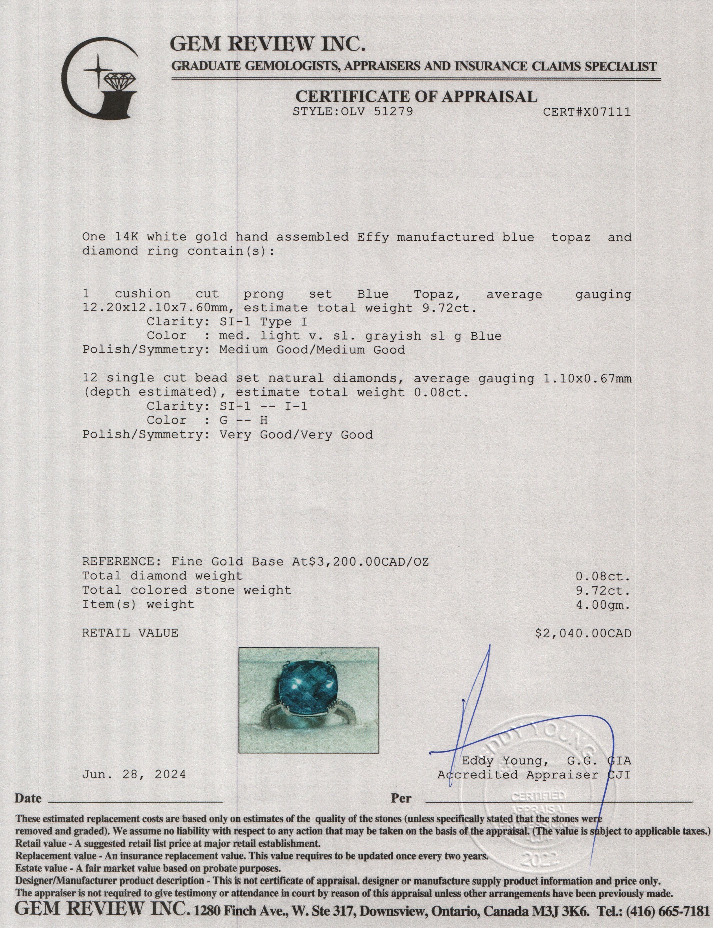 Effy 14k White Gold Blue Topaz & Diamond Ring, Size 7