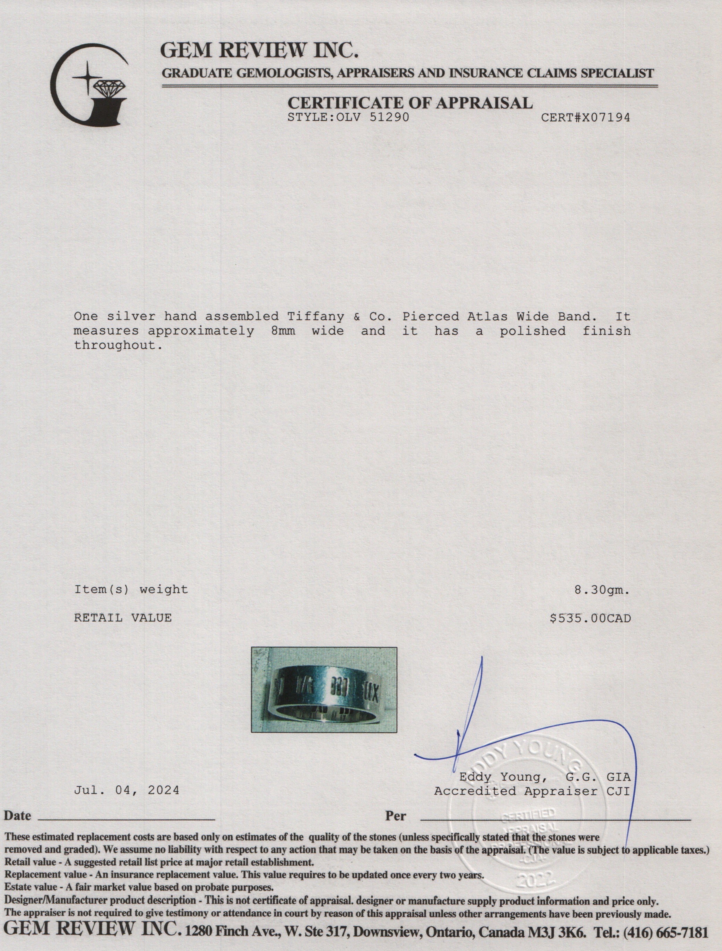 Tiffany & Co. Sterling Silver Pierced Atlas Wide Band, Ring Size 11