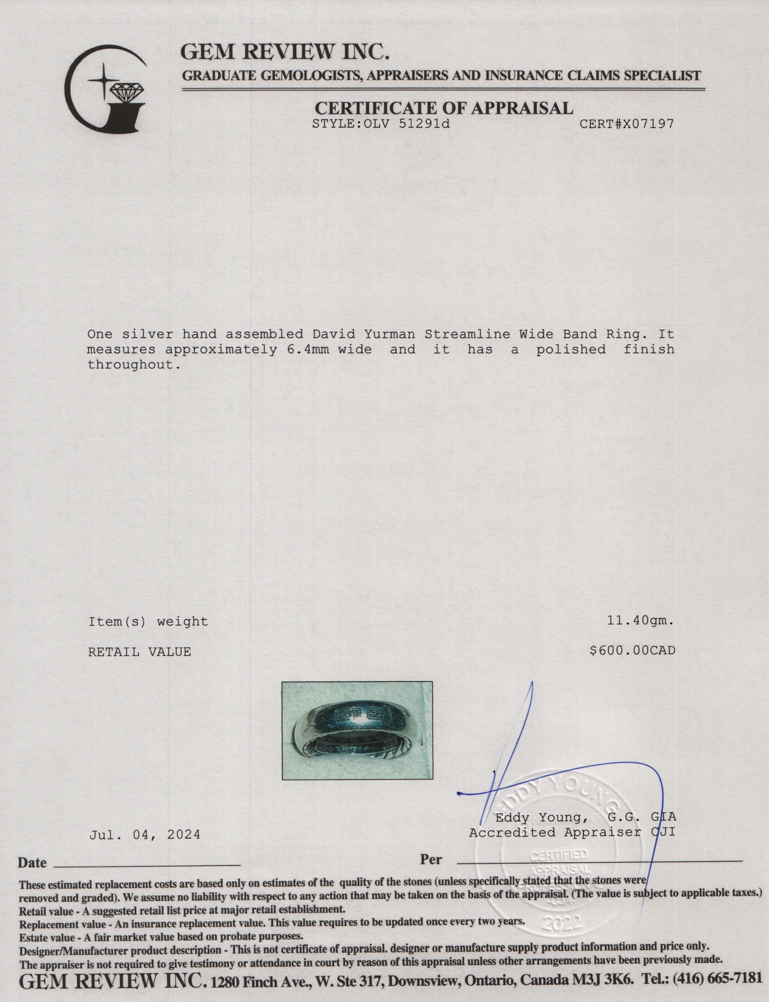 David Yurman Sterling Silver Streamline Wide Band Ring, Size 11