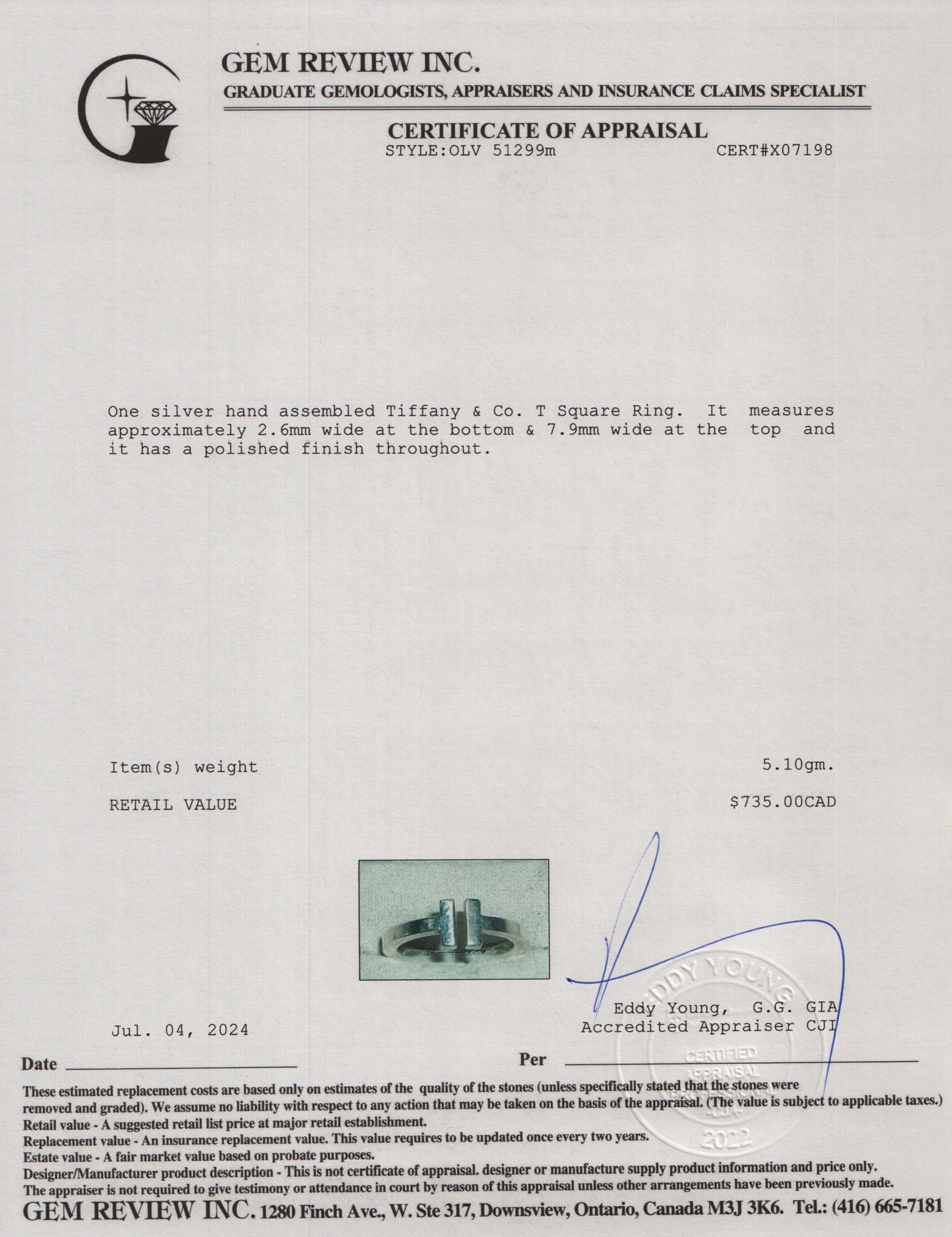 Tiffany & Co. Sterling Silver T Square Ring, Size 9.75