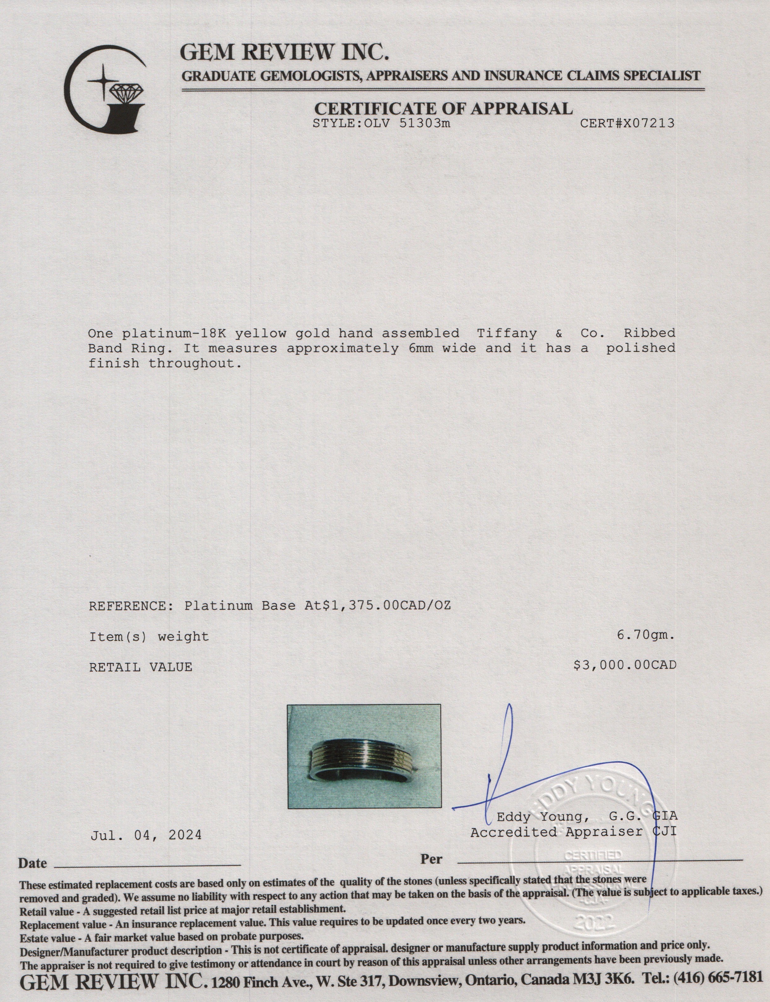 Tiffany & Co. Platinum & 18k Yellow Gold Ribbed Band Ring, Size 8