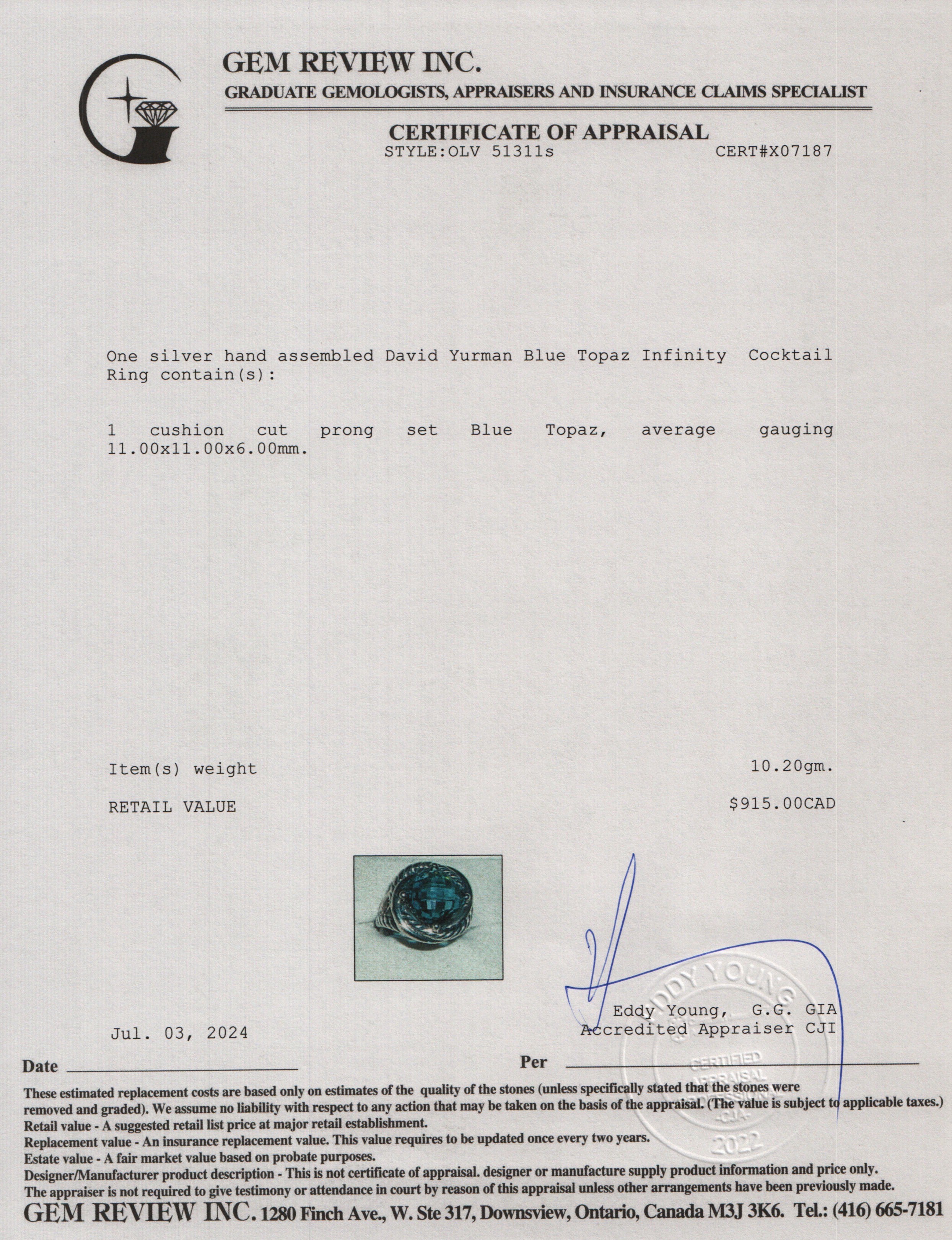 David Yurman Sterling Silver Blue Topaz Infinity Cocktail Ring, Size 6