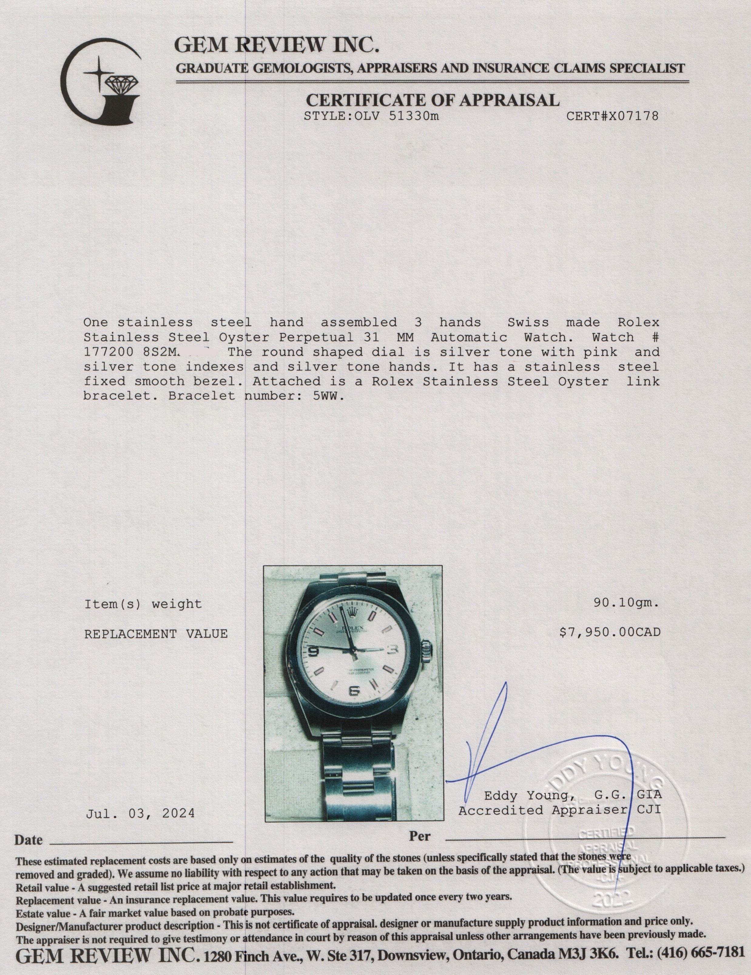 Rolex Stainless Steel Oyster Perpetual 31 MM Automatic Watch 177200 w/ Box & Papers