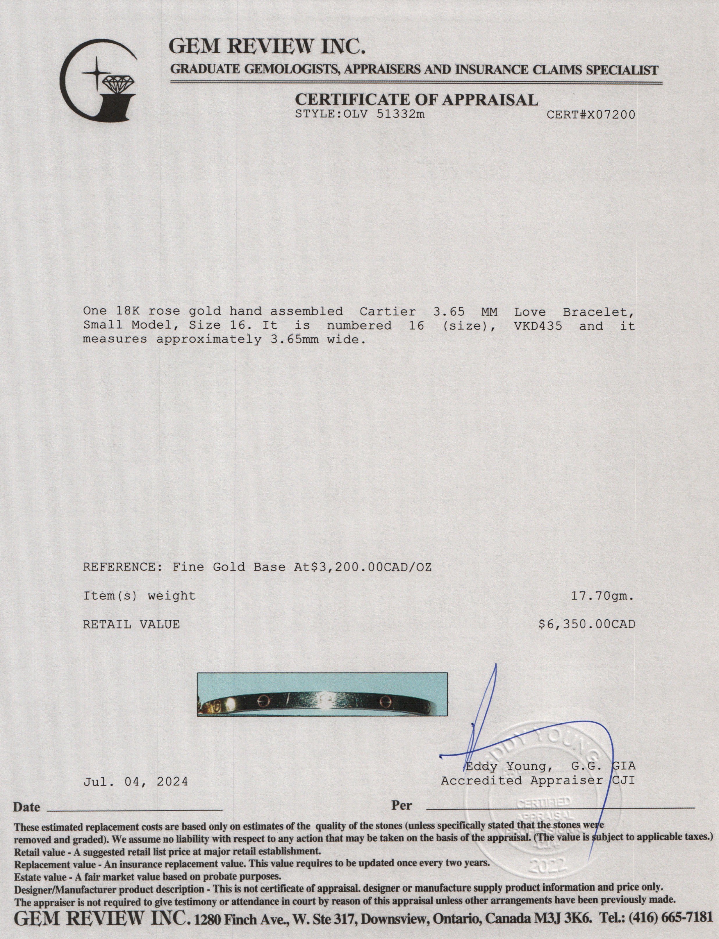 Cartier 2024 18k Rose Gold 3.65 MM Love Bracelet, Small Model, Size 16 w/ Receipt