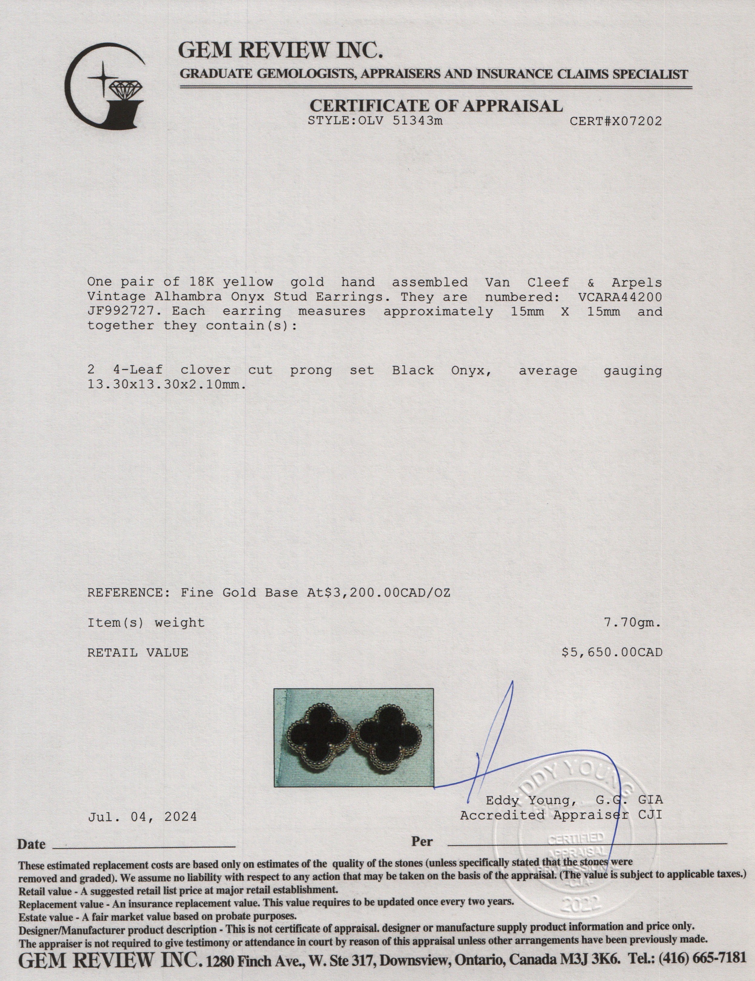 Van Cleef & Arpels 18k Yellow Gold Vintage Alhambra Onyx Stud Earrings w/ Box, Receipt & Certificate