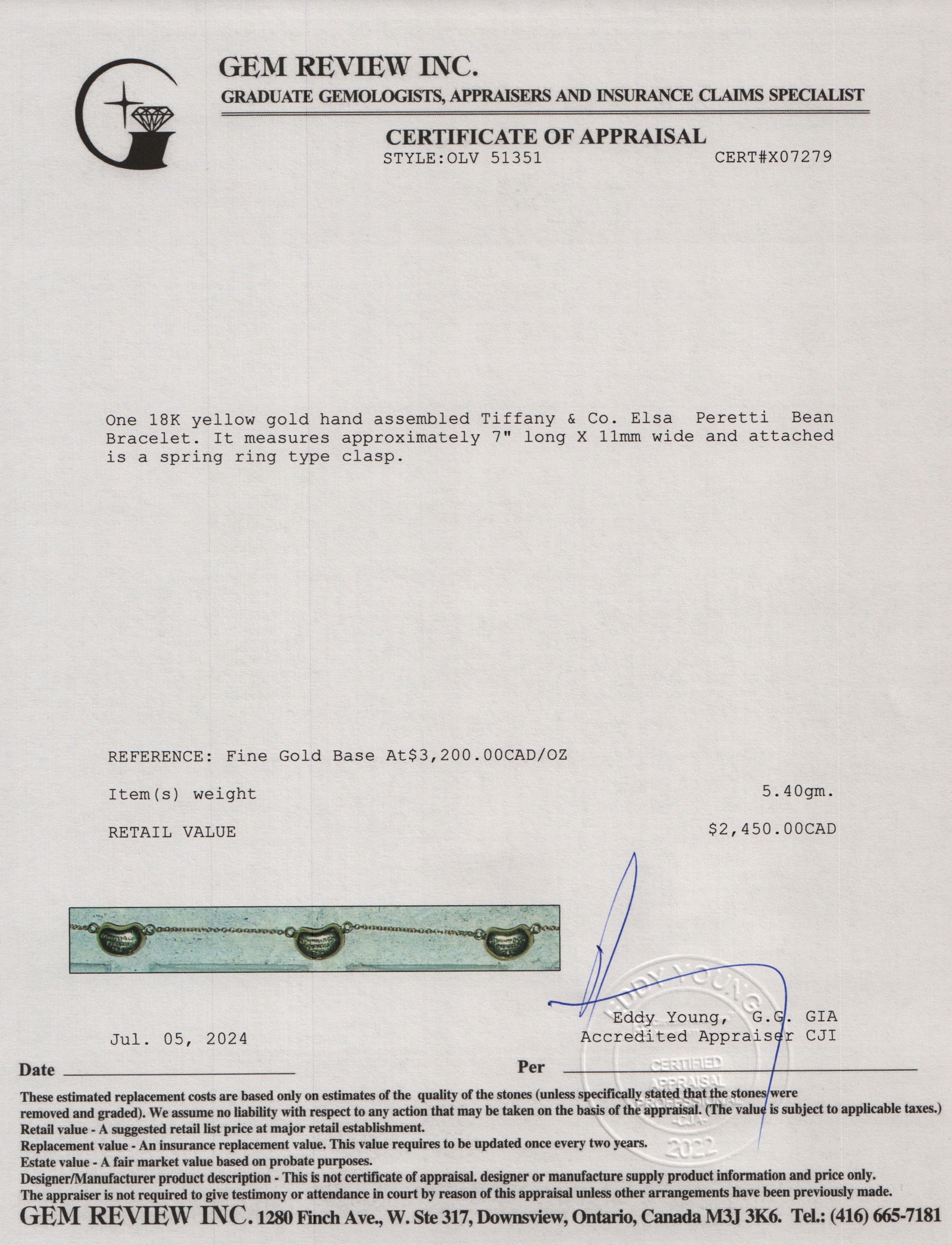 Tiffany & Co. Elsa Peretti 18k Yellow Gold Bean Bracelet