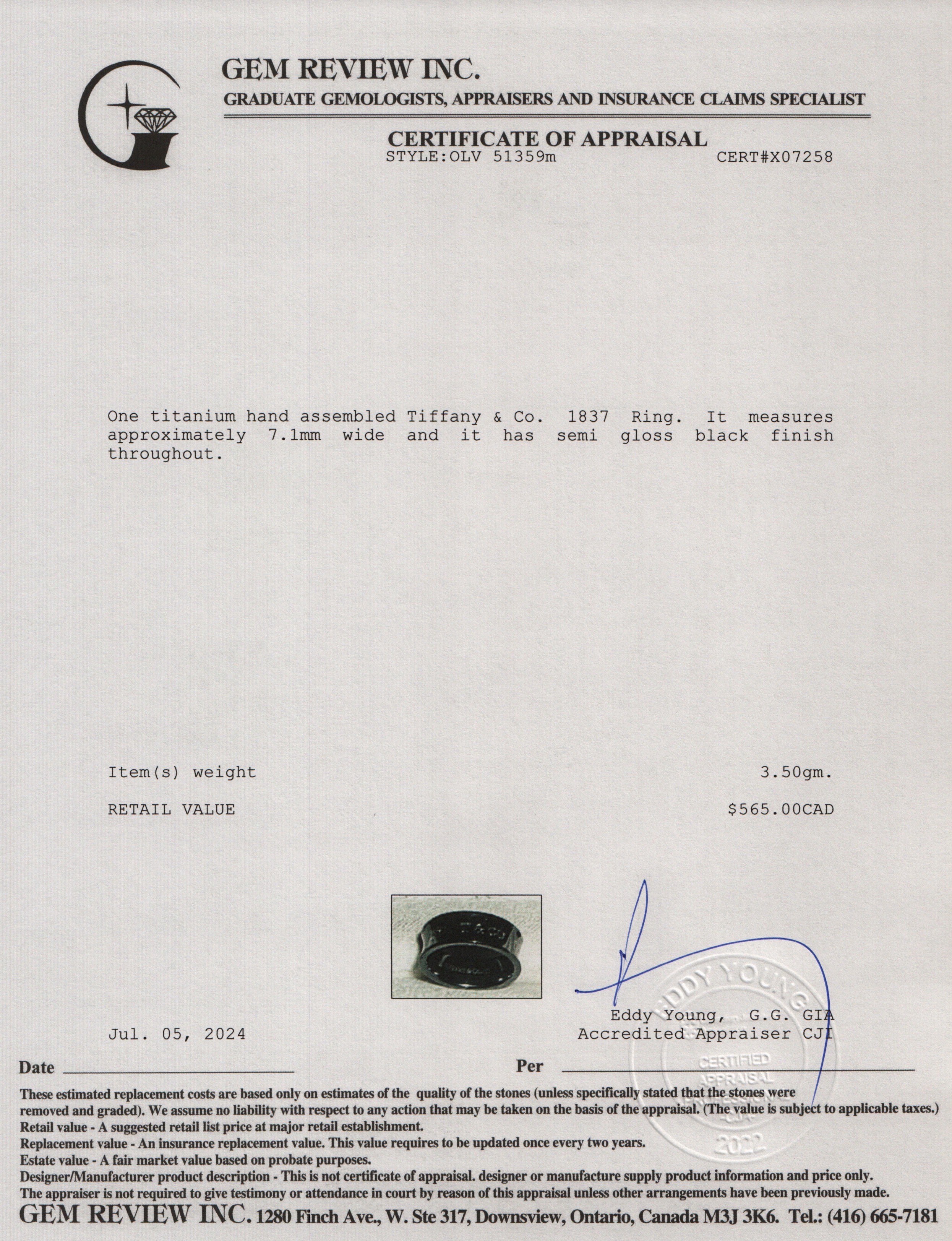 Tiffany & Co. Titanium 1837 Ring, Size 8.5