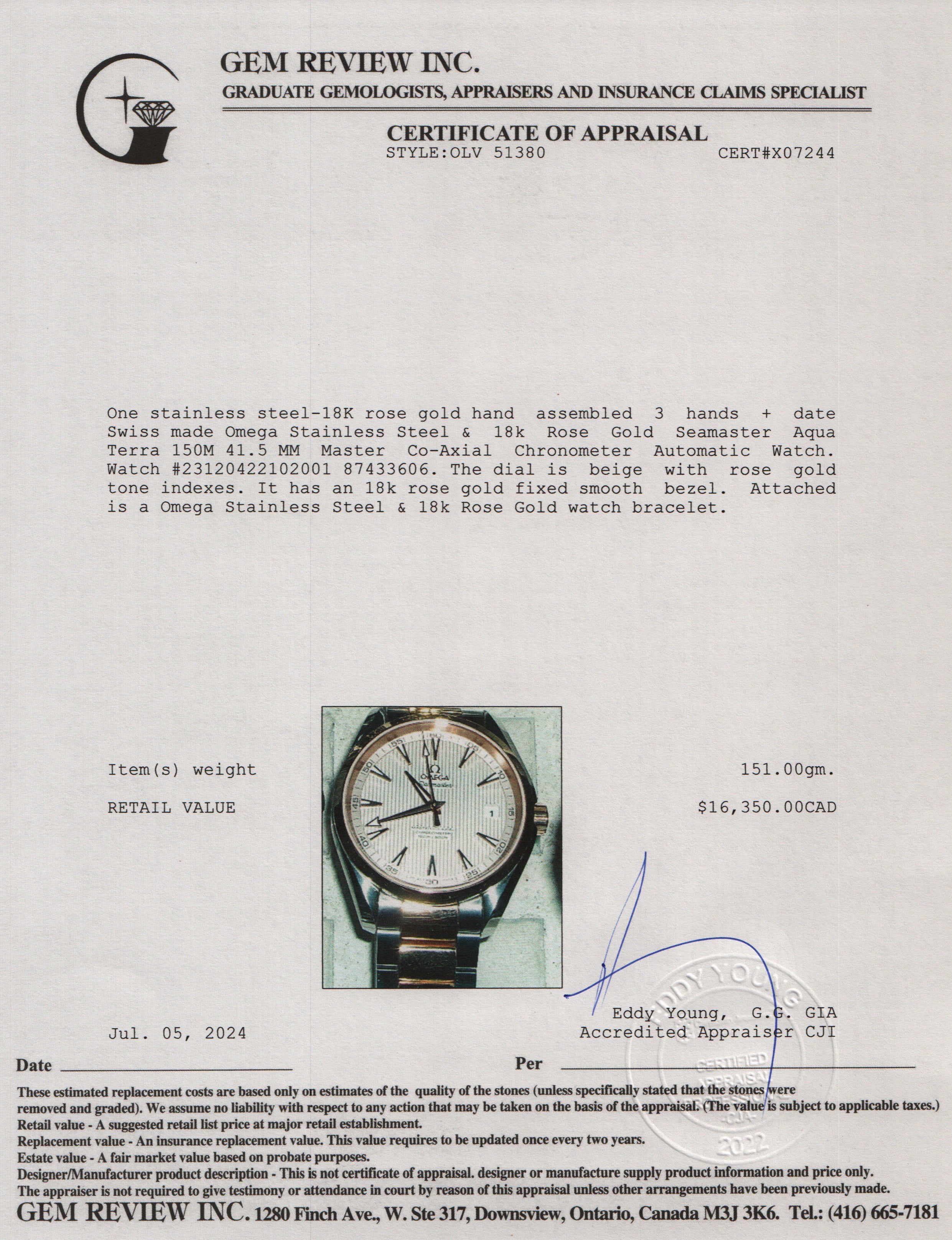 Omega Stainless Steel & 18k Rose Gold Seamaster Aqua Terra 150M 41.5 MM Master Co-Axial Chronometer Automatic Watch w/ Box & Papers