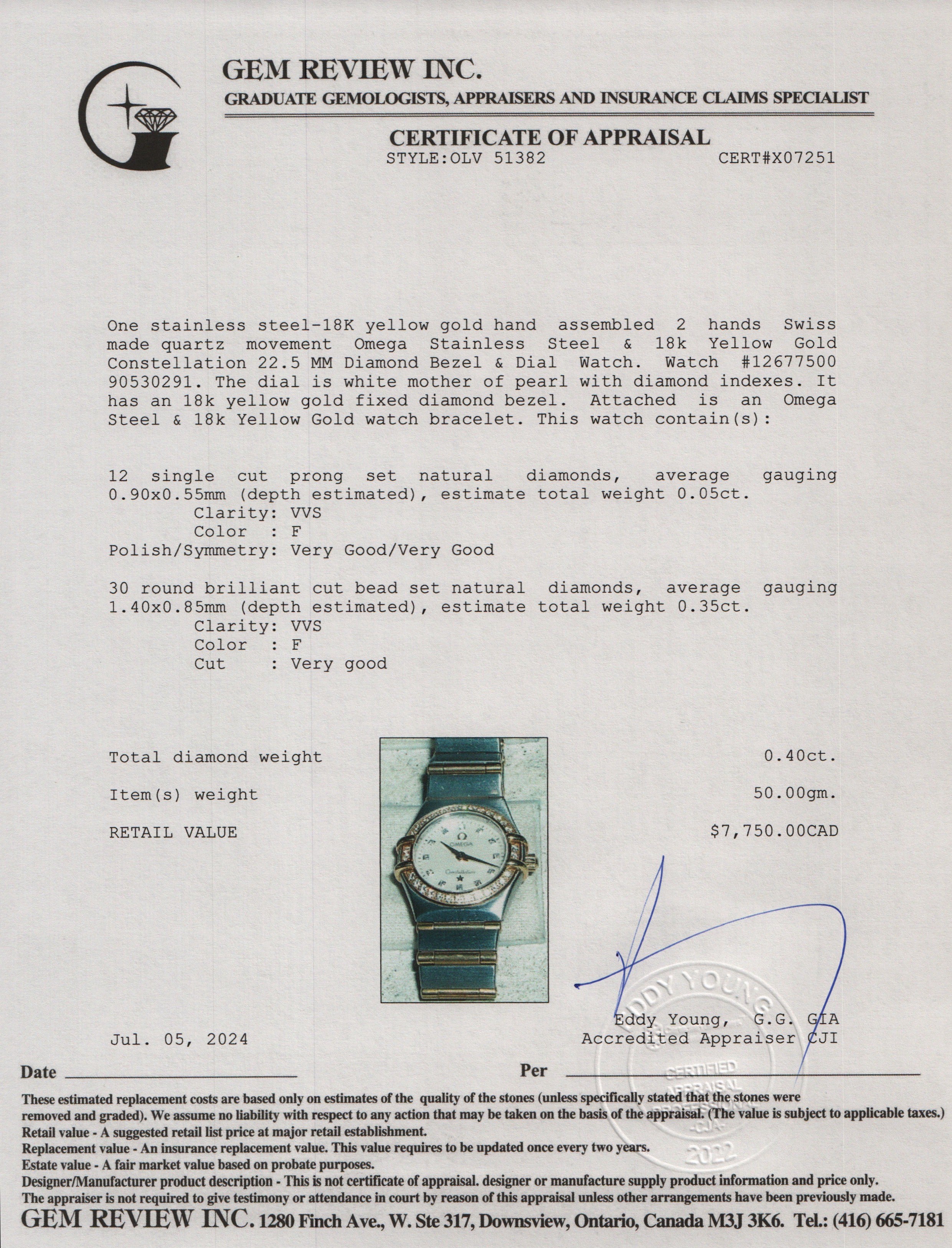 Omega Stainless Steel & 18k Yellow Gold Constellation 22.5 MM Diamond Bezel & Dial Watch w/ Box & Papers