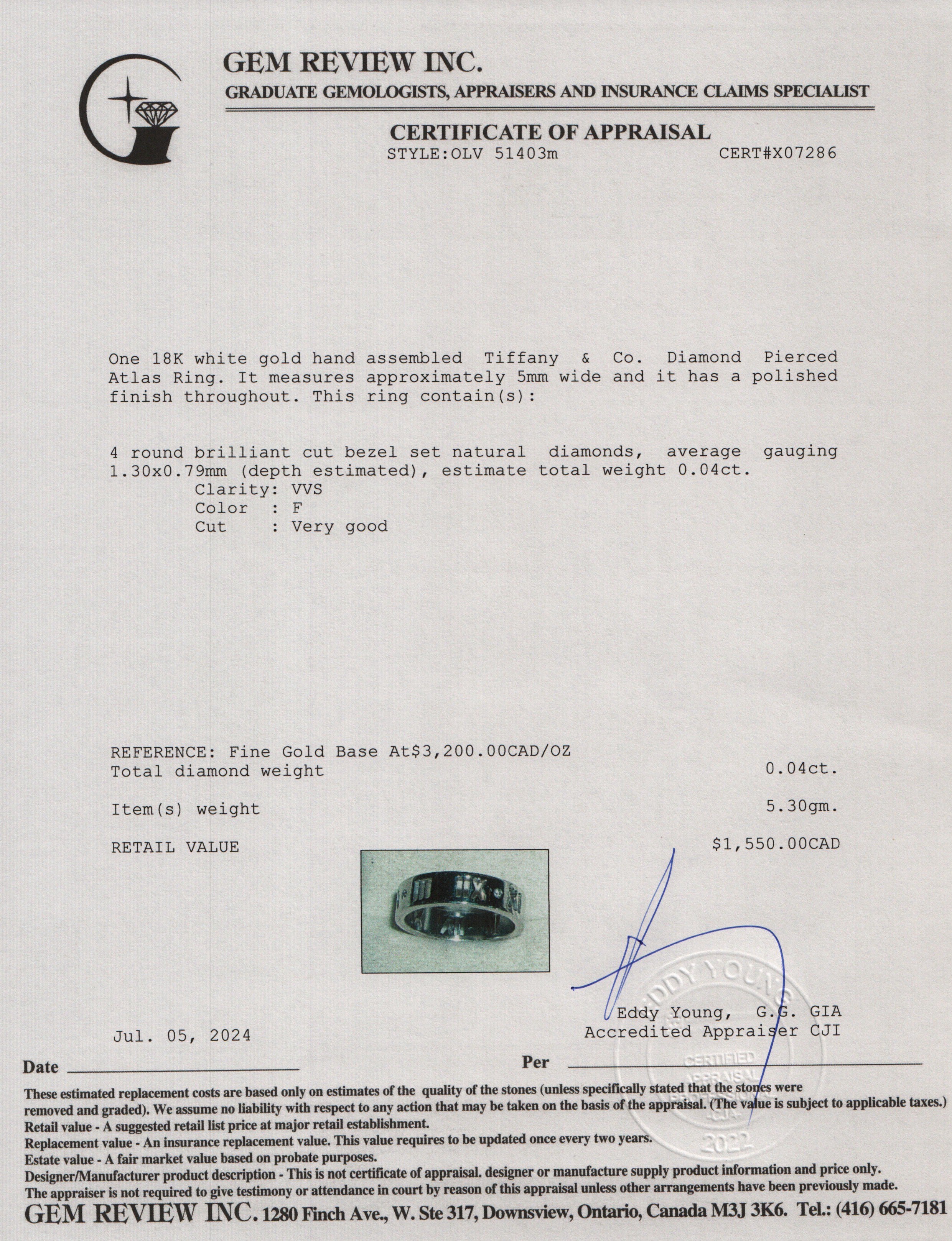 Tiffany & Co. 18k White Gold Diamond Pierced Atlas 5 MM Ring, Size 5.75