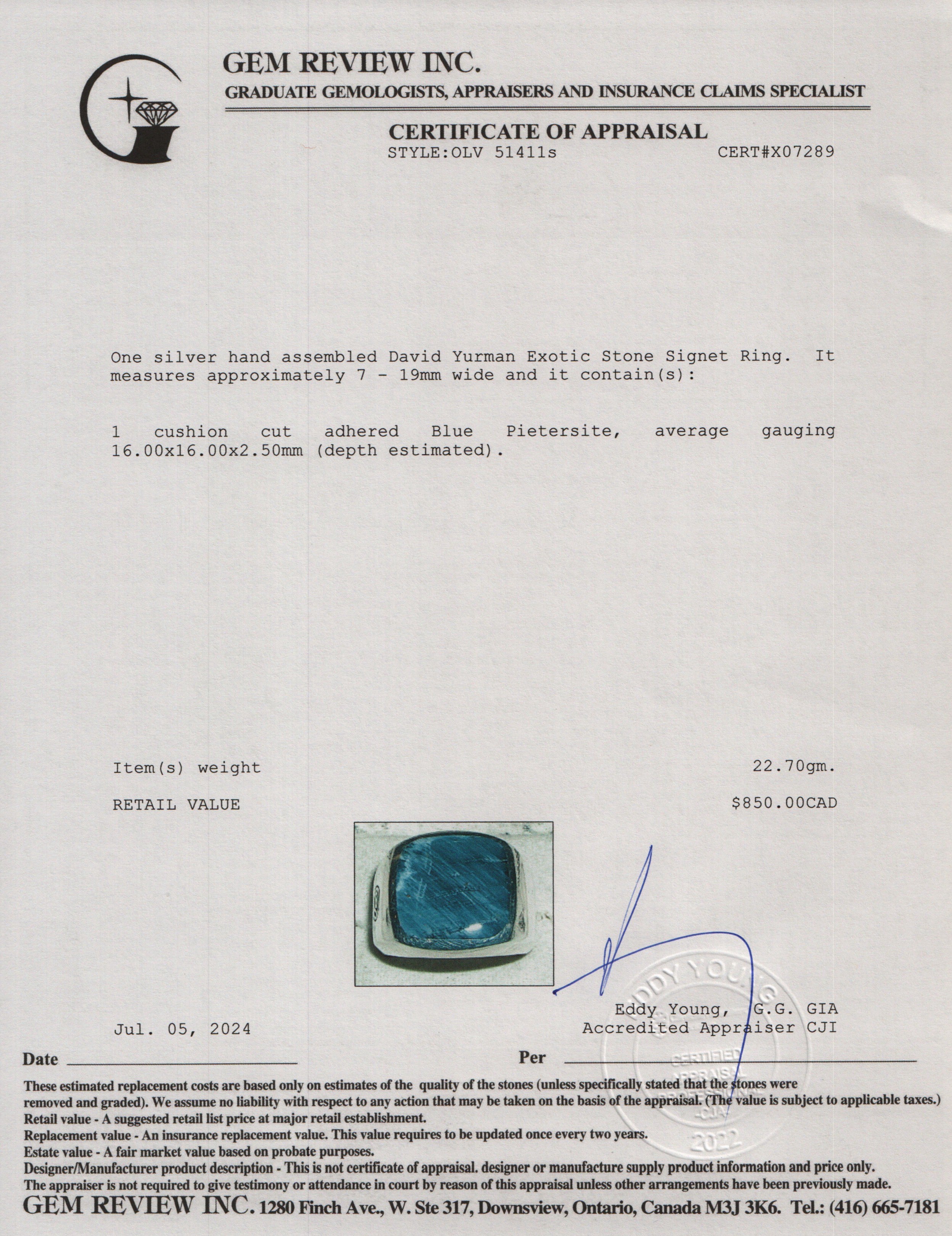 David Yurman Sterling Silver Exotic Stone Signet Ring with Pietersite, Size 10