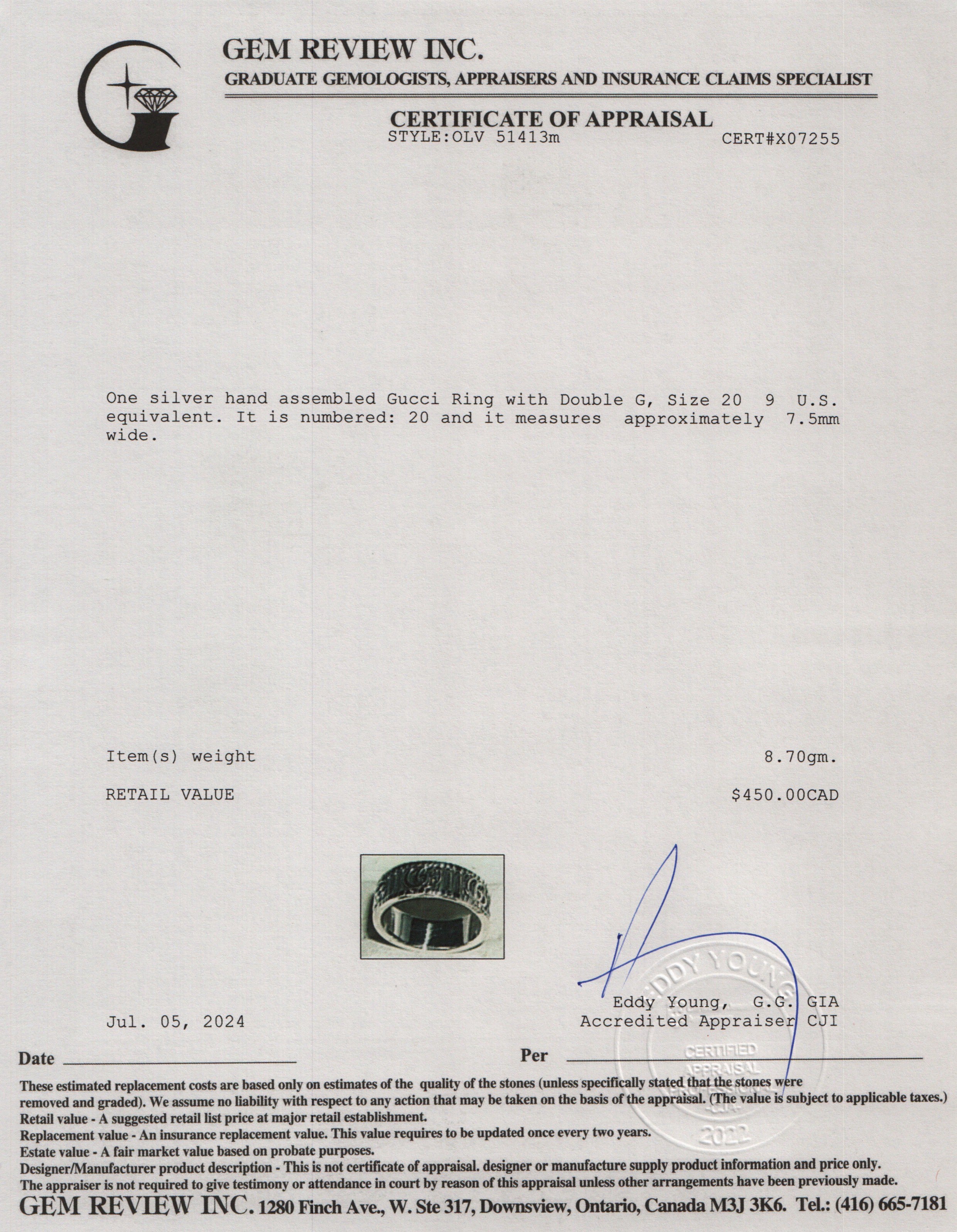 Gucci Sterling Silver Ring with Double G, Size 20 9