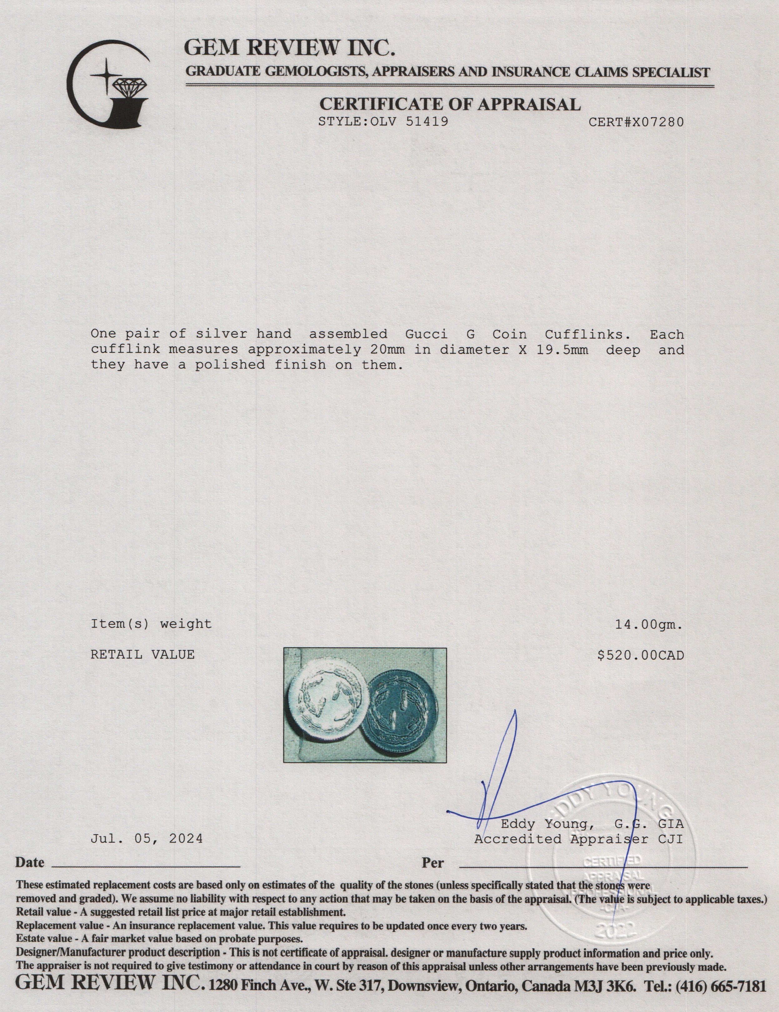 Gucci Sterling Silver G Coin Cufflinks