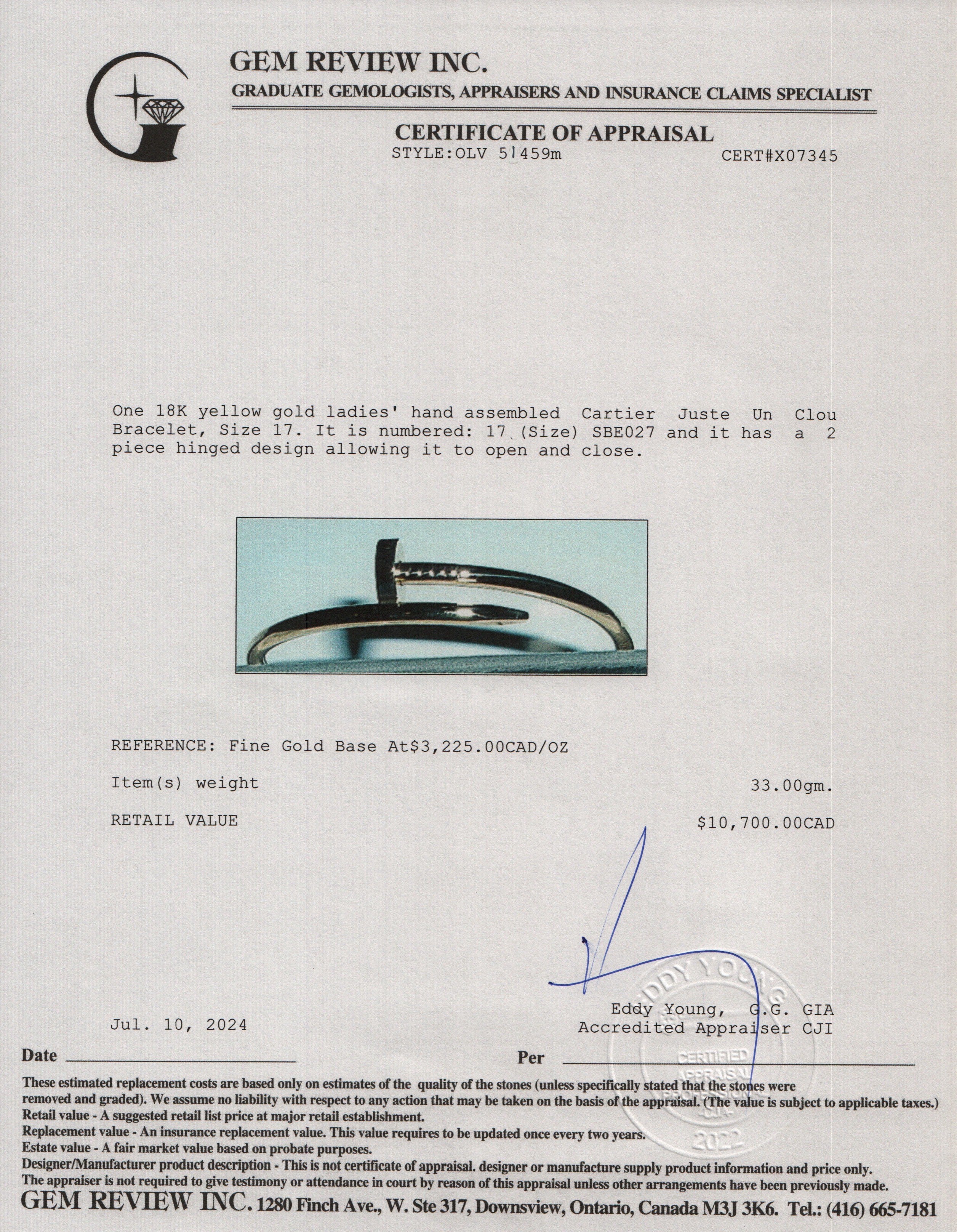 Cartier 2022 18k Yellow Gold Juste Un Clou Bracelet, Size 17 w/ Certificate