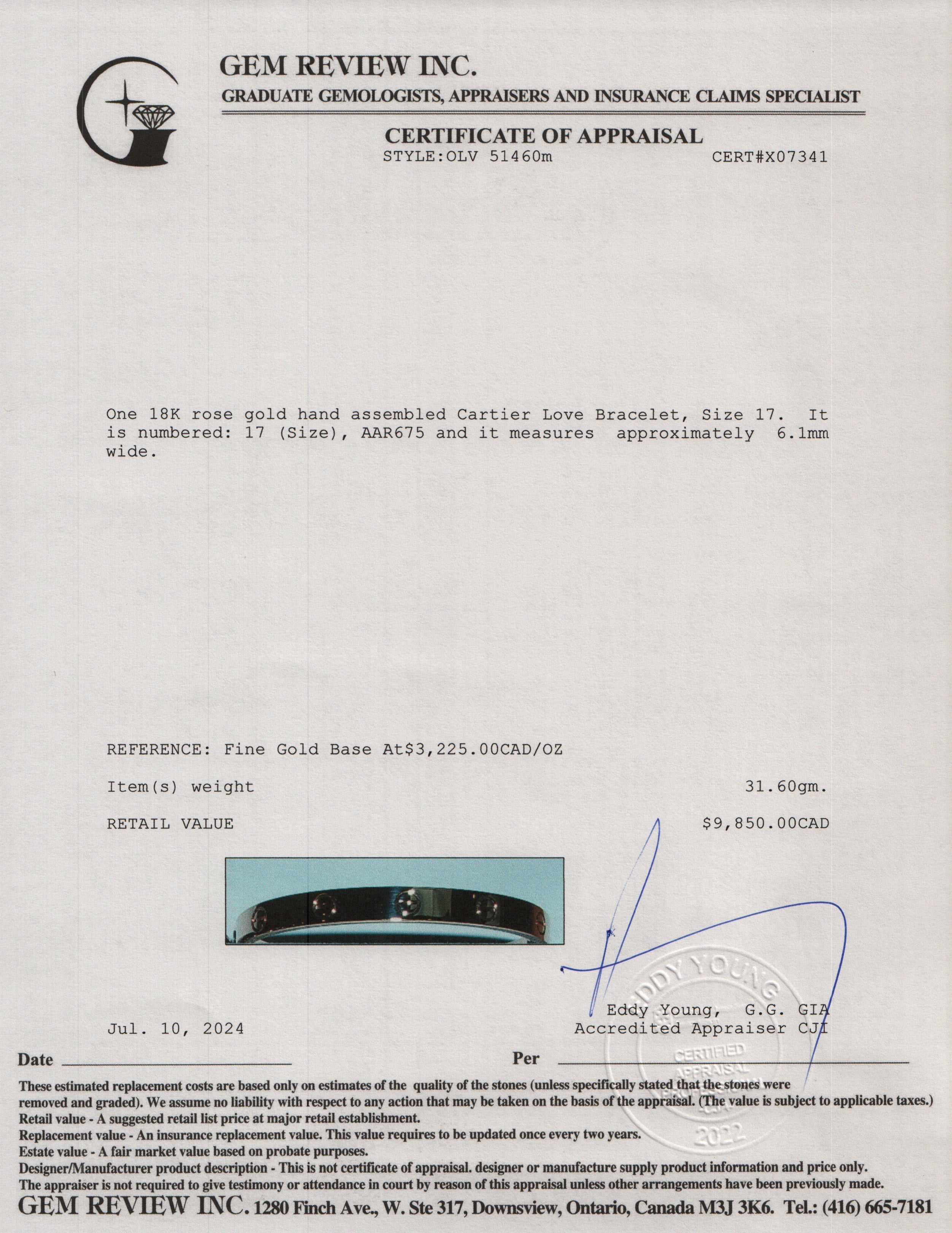Cartier 18k Rose Gold Love Bracelet, Size 17 w/ Box & Certificate
