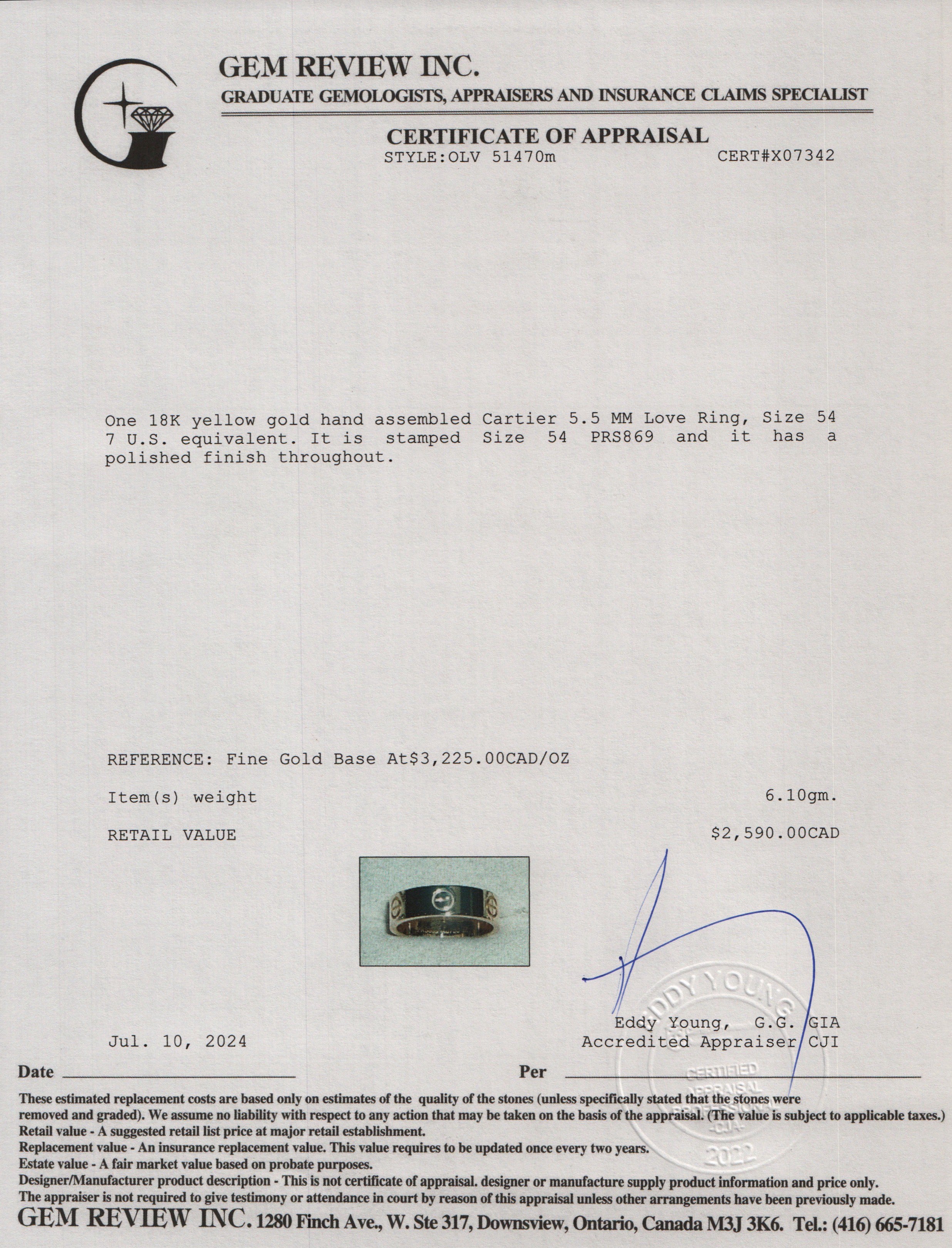 Cartier 2022 18k Yellow Gold 5.5 MM Love Ring, Size 54 7 w/ Box & Certificate