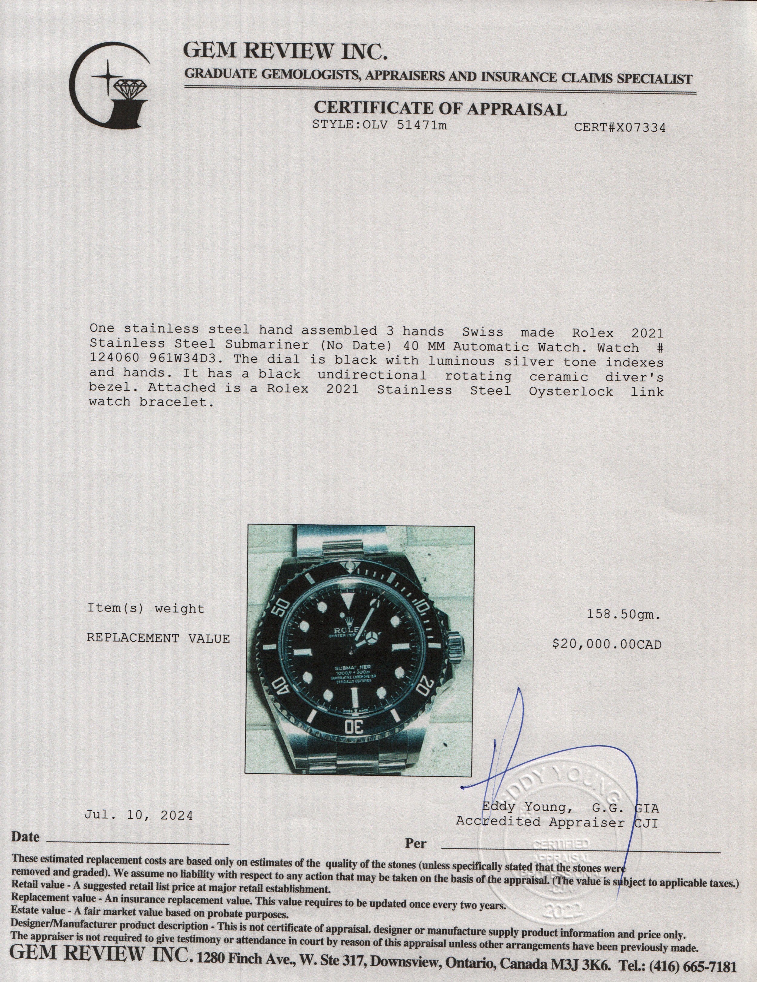 Rolex 2021 Stainless Steel Submariner (No Date) 41 MM Automatic Watch 124060 w/ Box & Papers