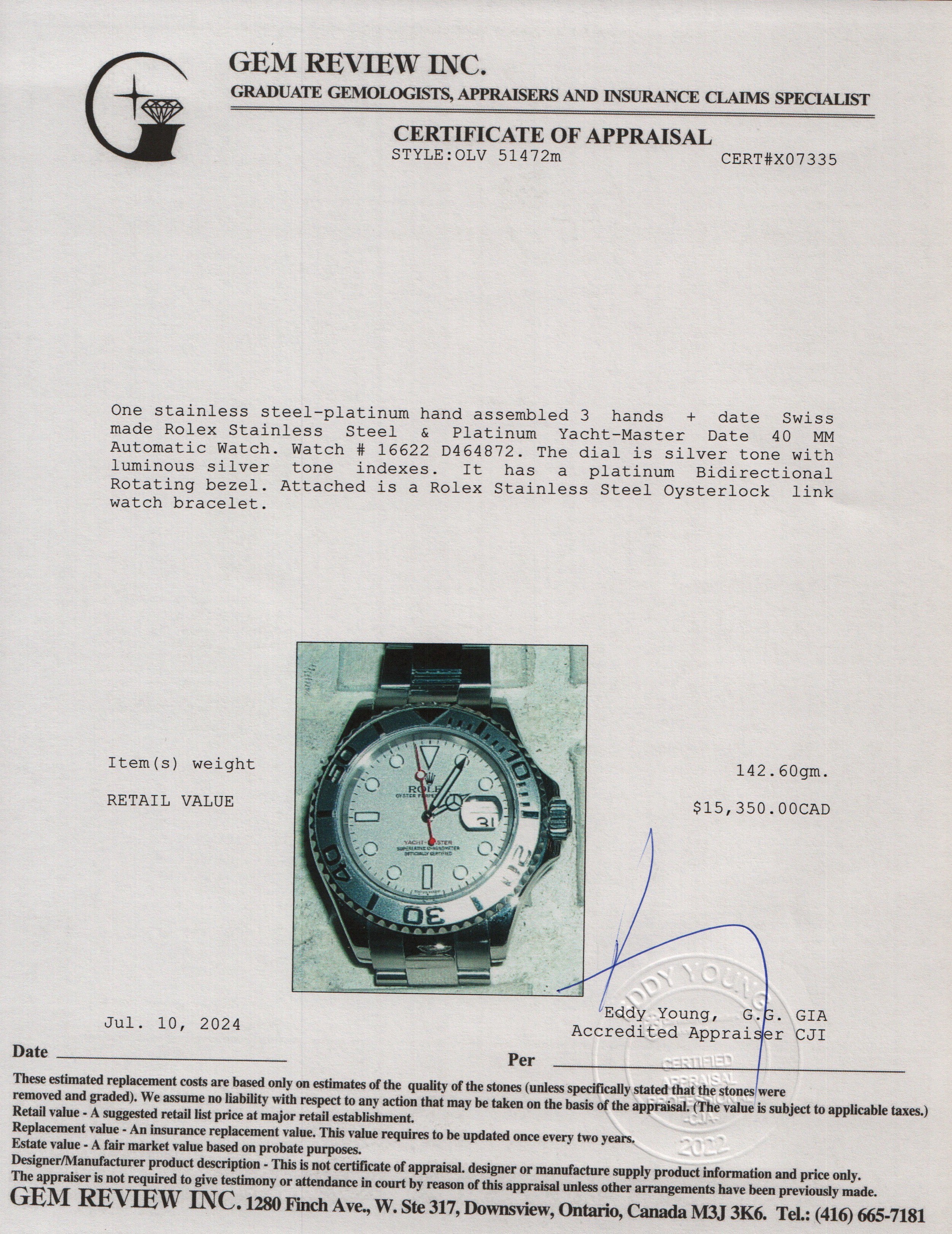 Rolex Stainless Steel & Platinum Yacht-Master Date 40 MM Automatic Watch 16622 w/ Box