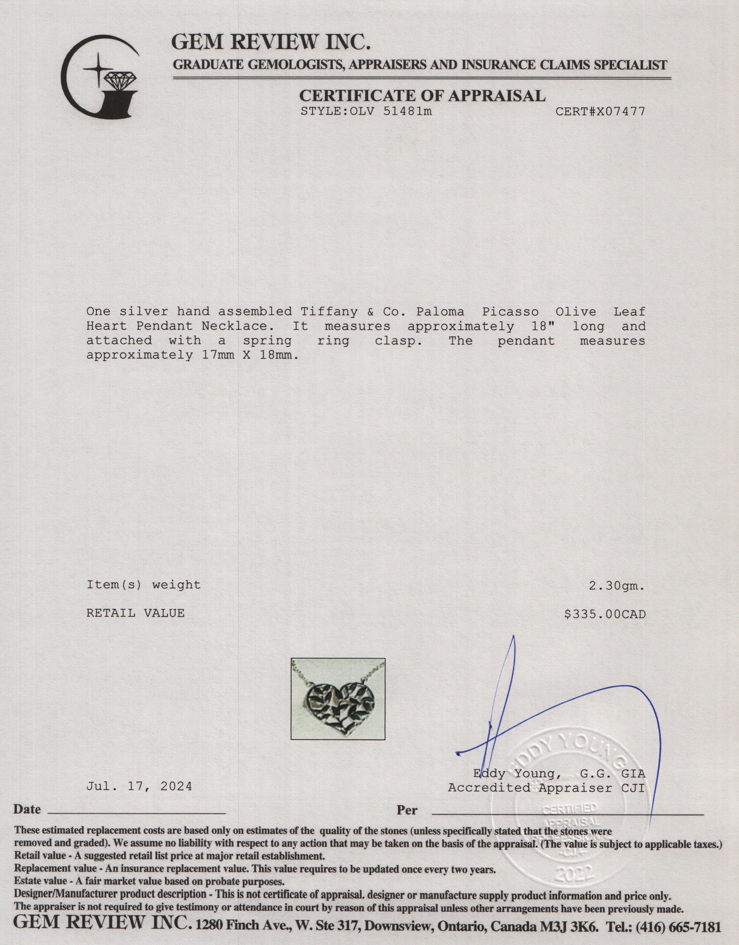 Tiffany & Co. Paloma Picasso Olive Leaf Heart Pendant Necklace