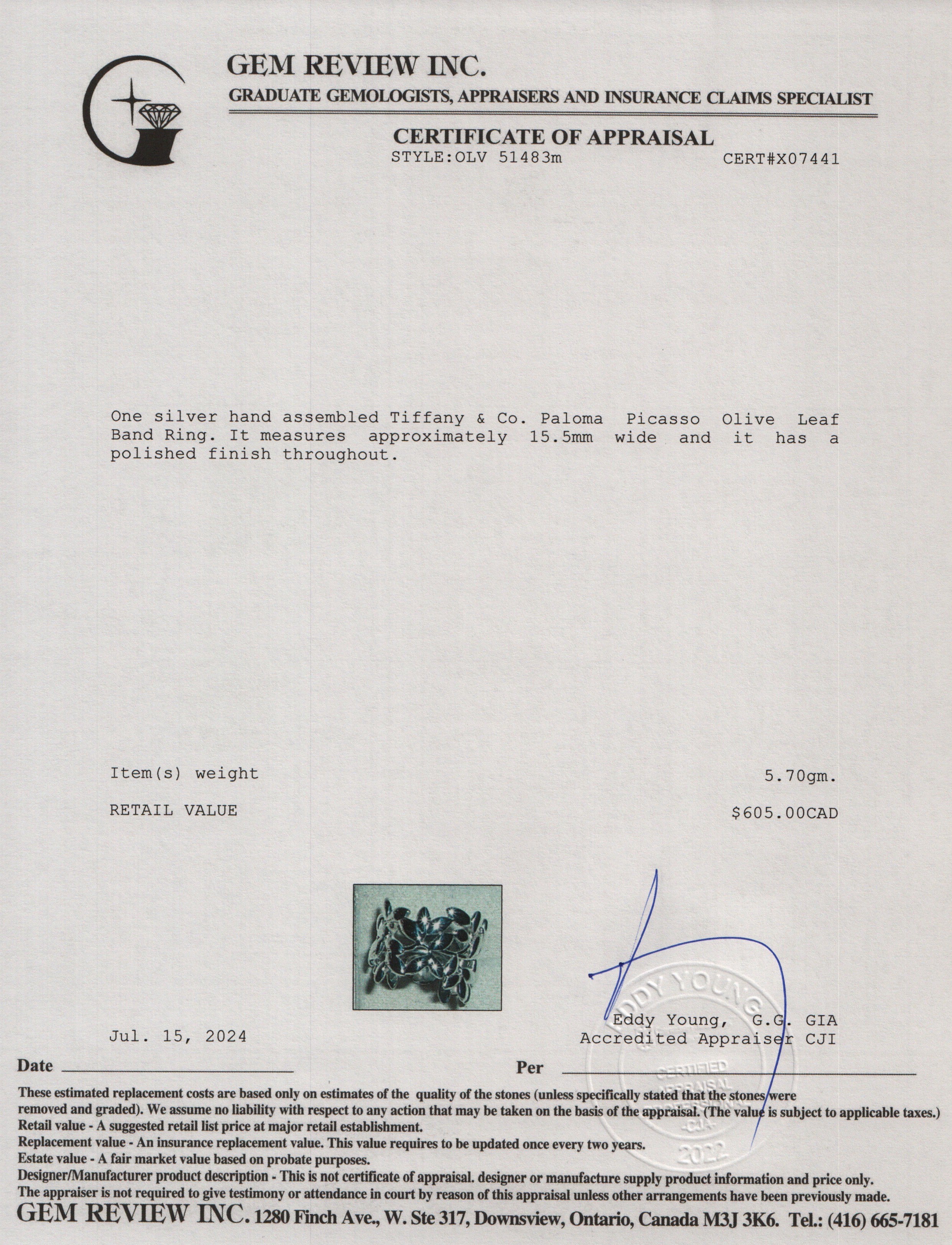 Tiffany & Co. Paloma Picasso Olive Leaf Band Ring, Size 7