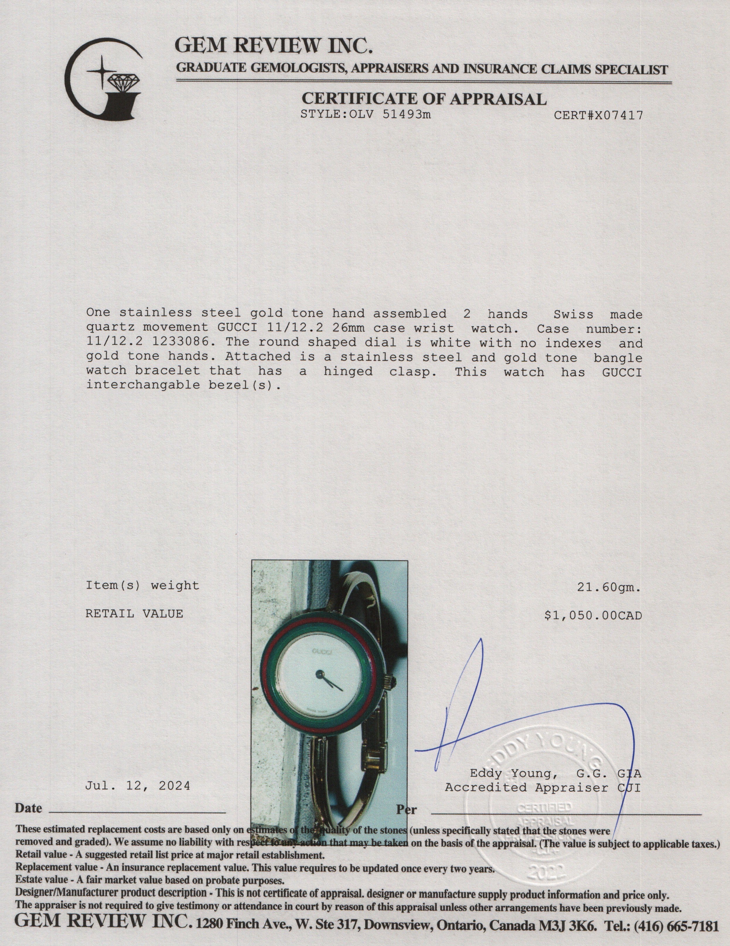 Gucci Gold Plated Stainless Steel 1100 Series 26MM Watch w/ Box & 12 Multicolour Interchangeable Bezels