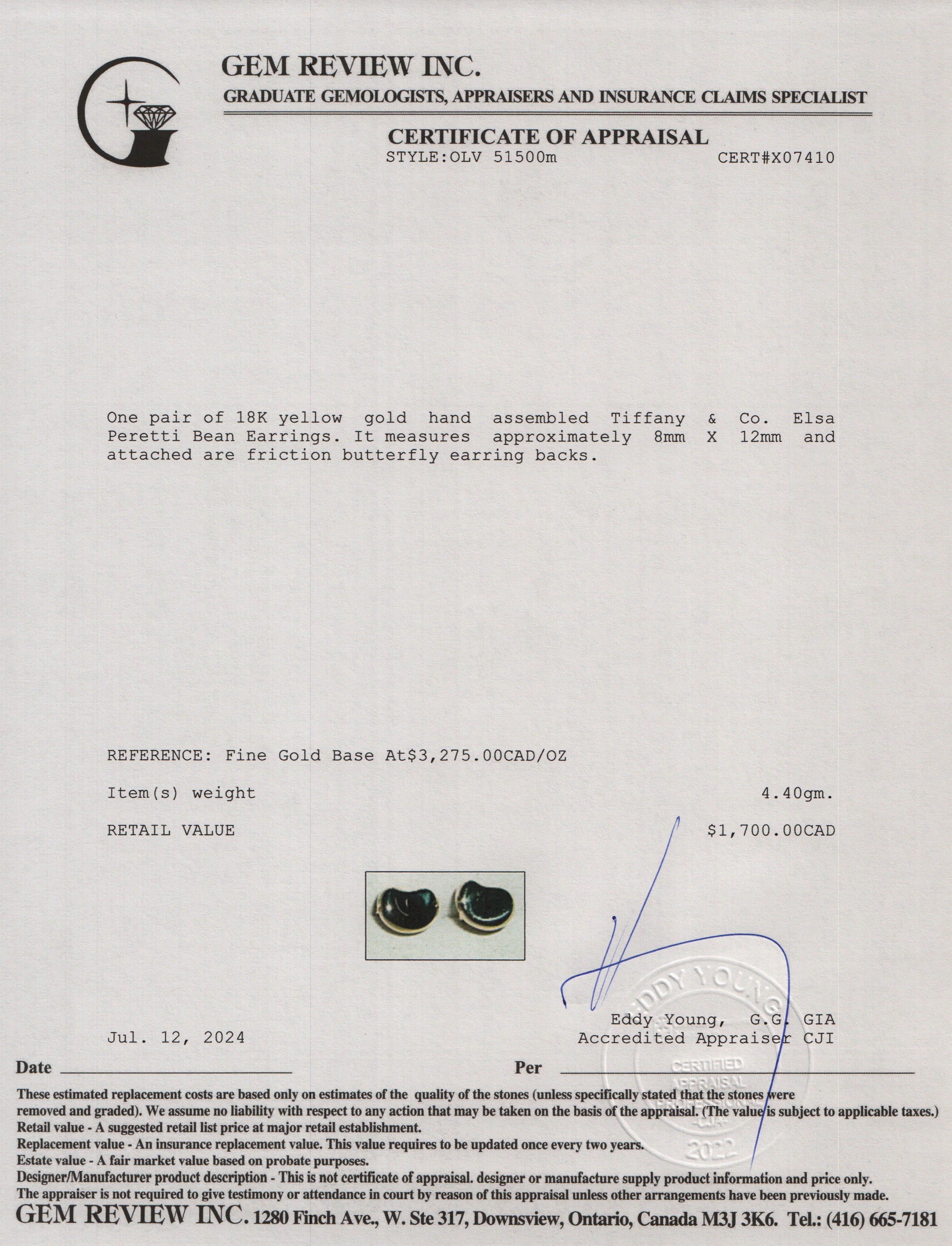 Tiffany & Co. Elsa Peretti 18k Yellow Gold Bean Earrings, 9 MM