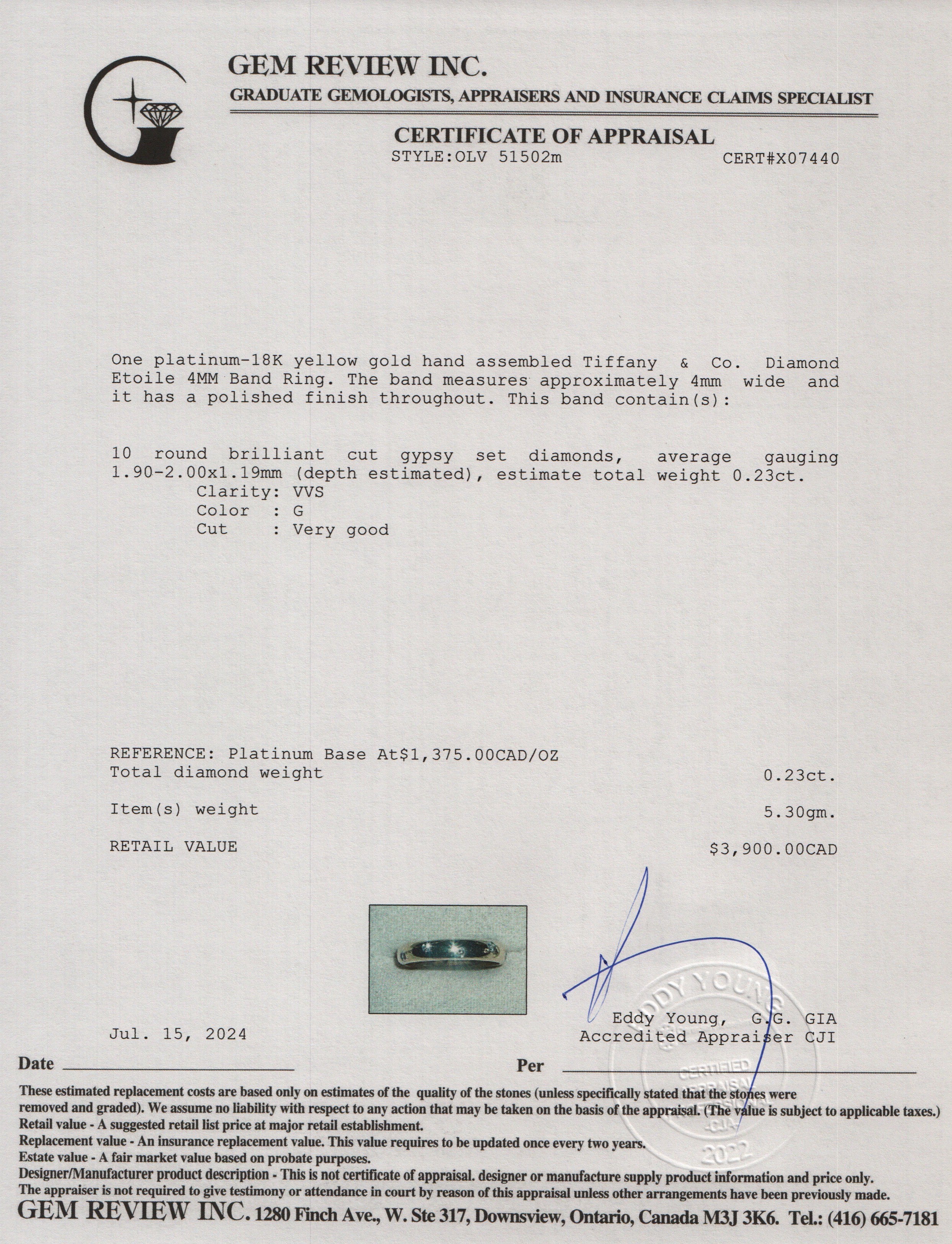 Tiffany & Co. 18k Yellow Gold & Platinum Diamond Etoile 4MM Band Ring, Size 7