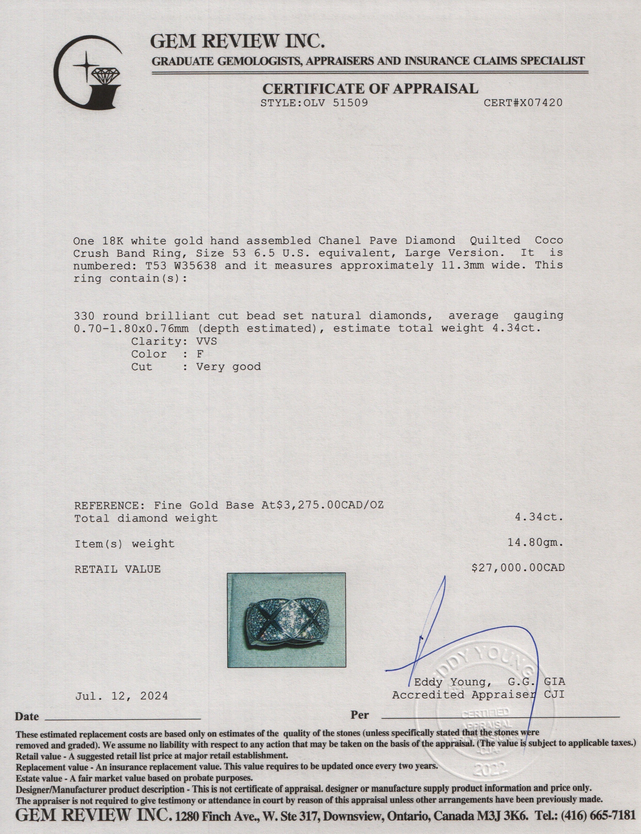 Chanel 18k White Gold Pave Diamond Quilted Coco Crush Band Ring, Size 53 6.5, Large Version