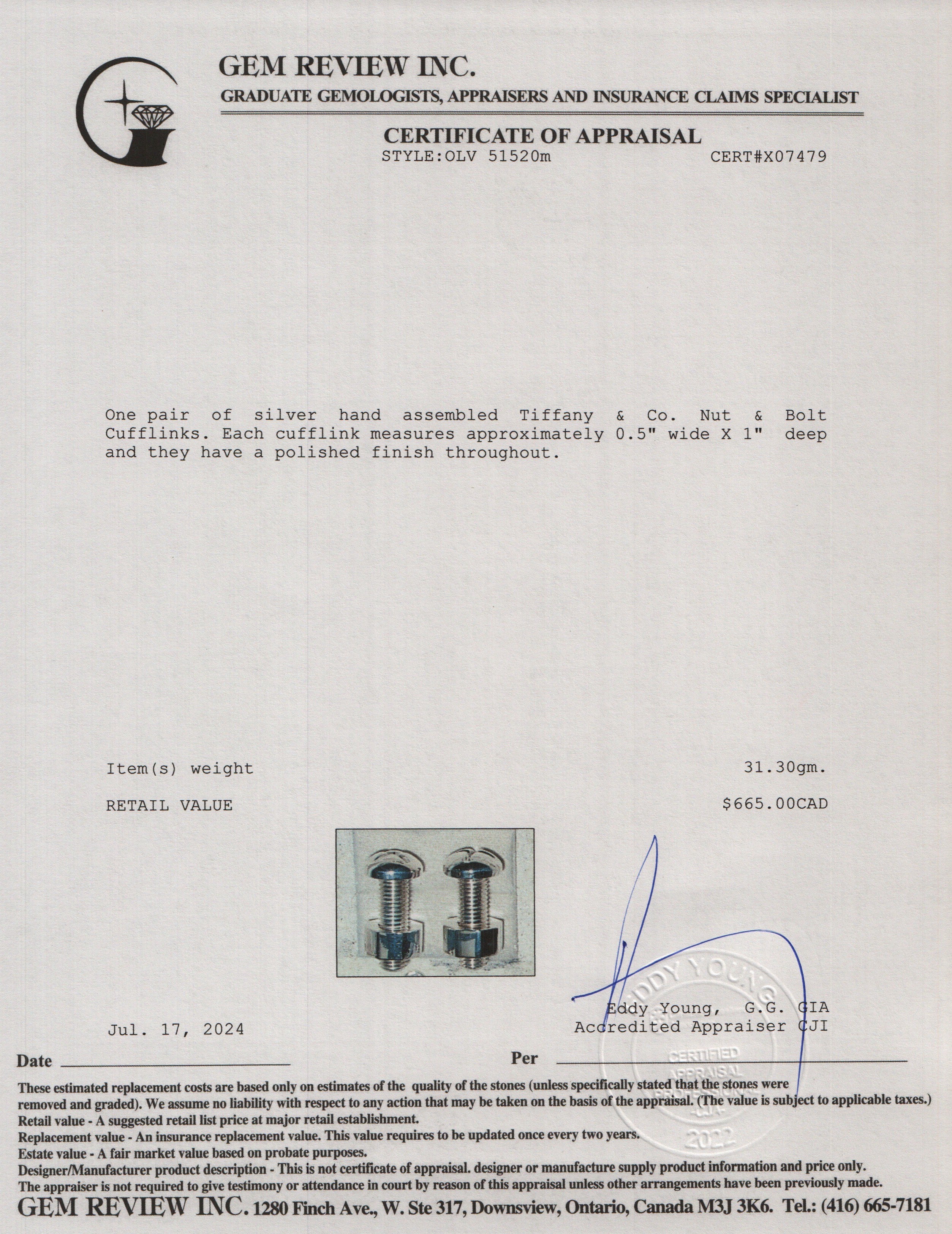 Tiffany & Co. Sterling Silver Nut & Bolt Cufflinks