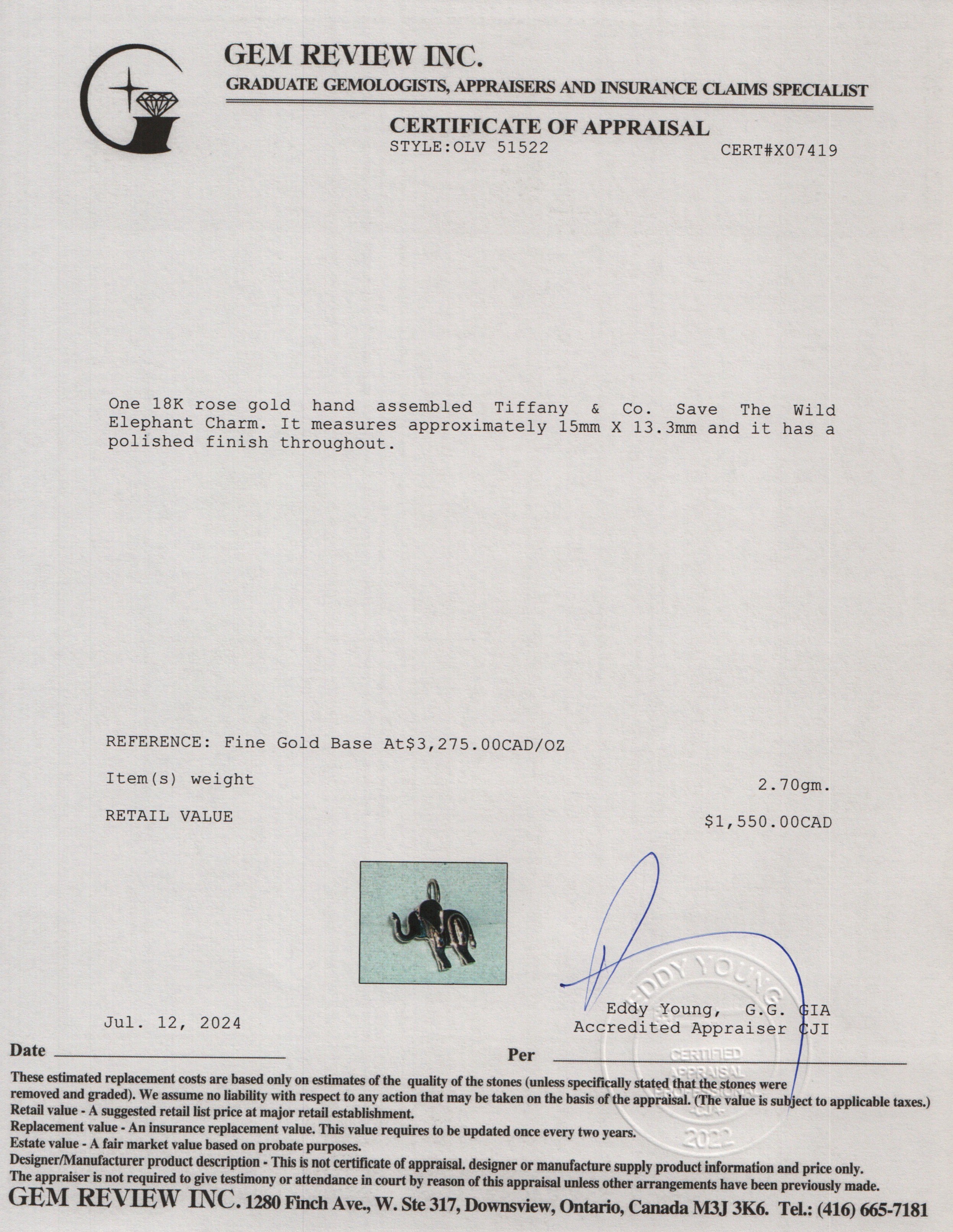 Tiffany & Co. 18k Rose Gold Save The Wild Elephant Charm