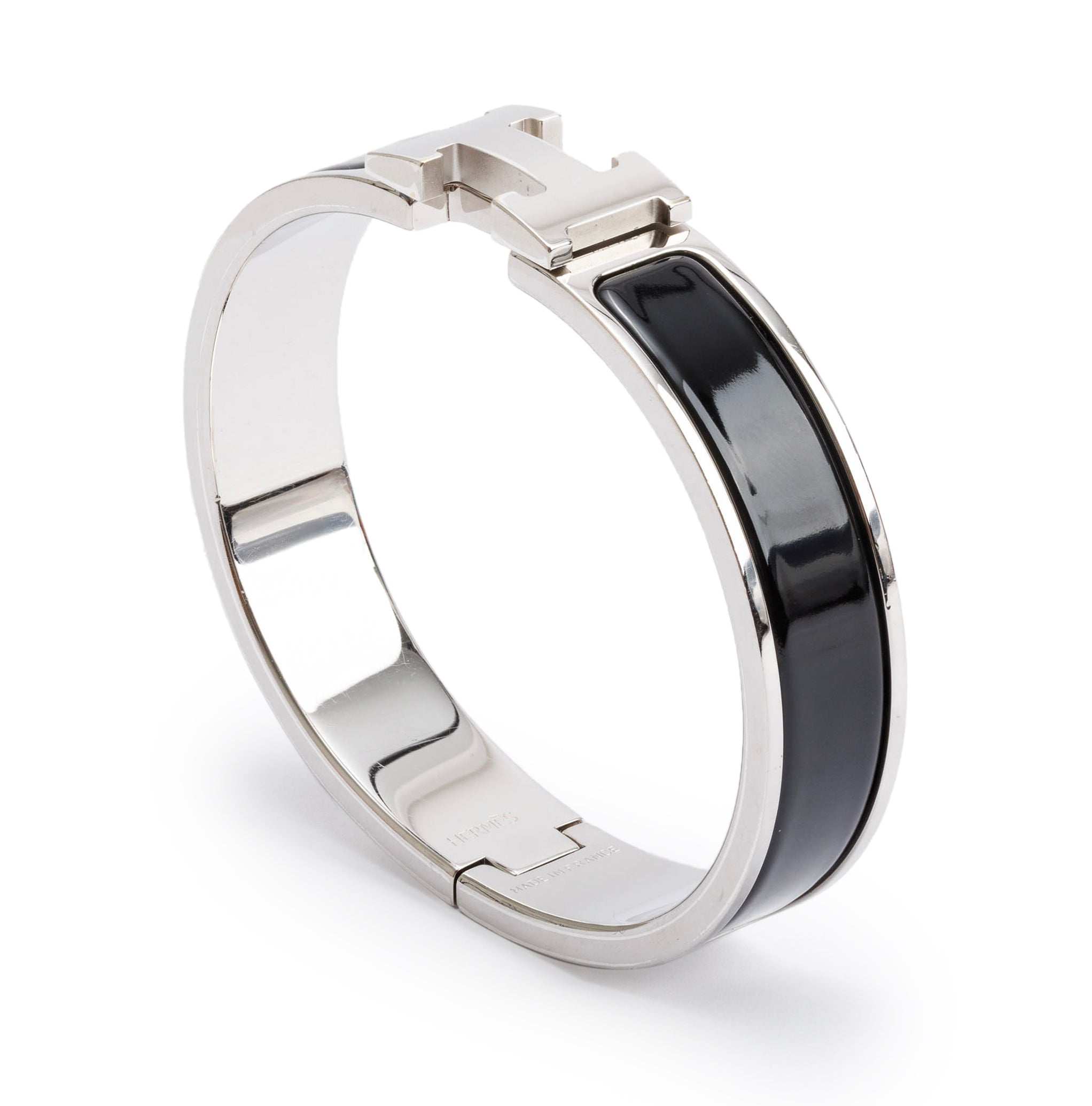 Hermes Palladium Plated Black Enamel 12 MM Clic H Bracelet w/ Box