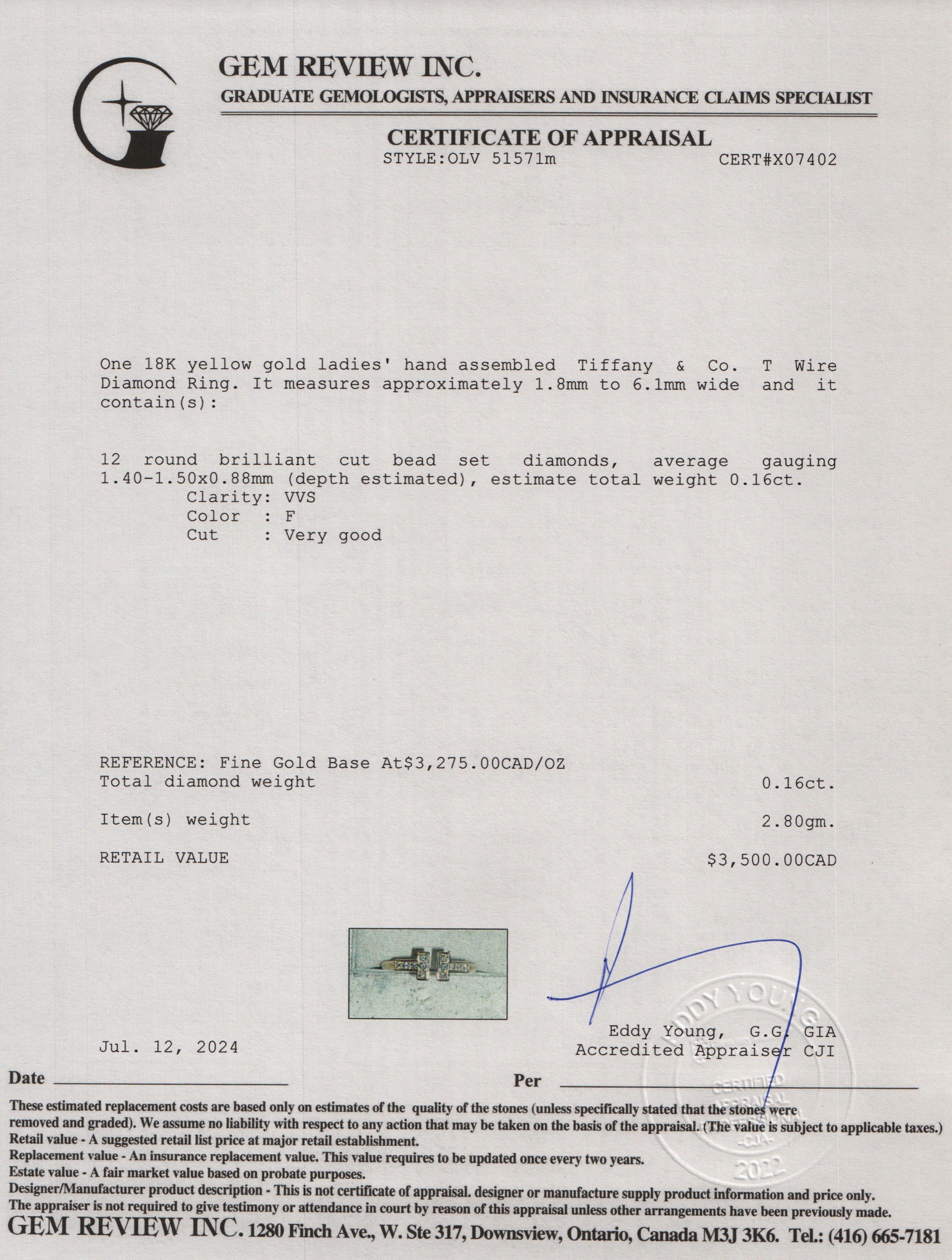 Tiffany & Co. 18k Yellow Gold T Wire Diamond Ring, Size 6 w/ Box