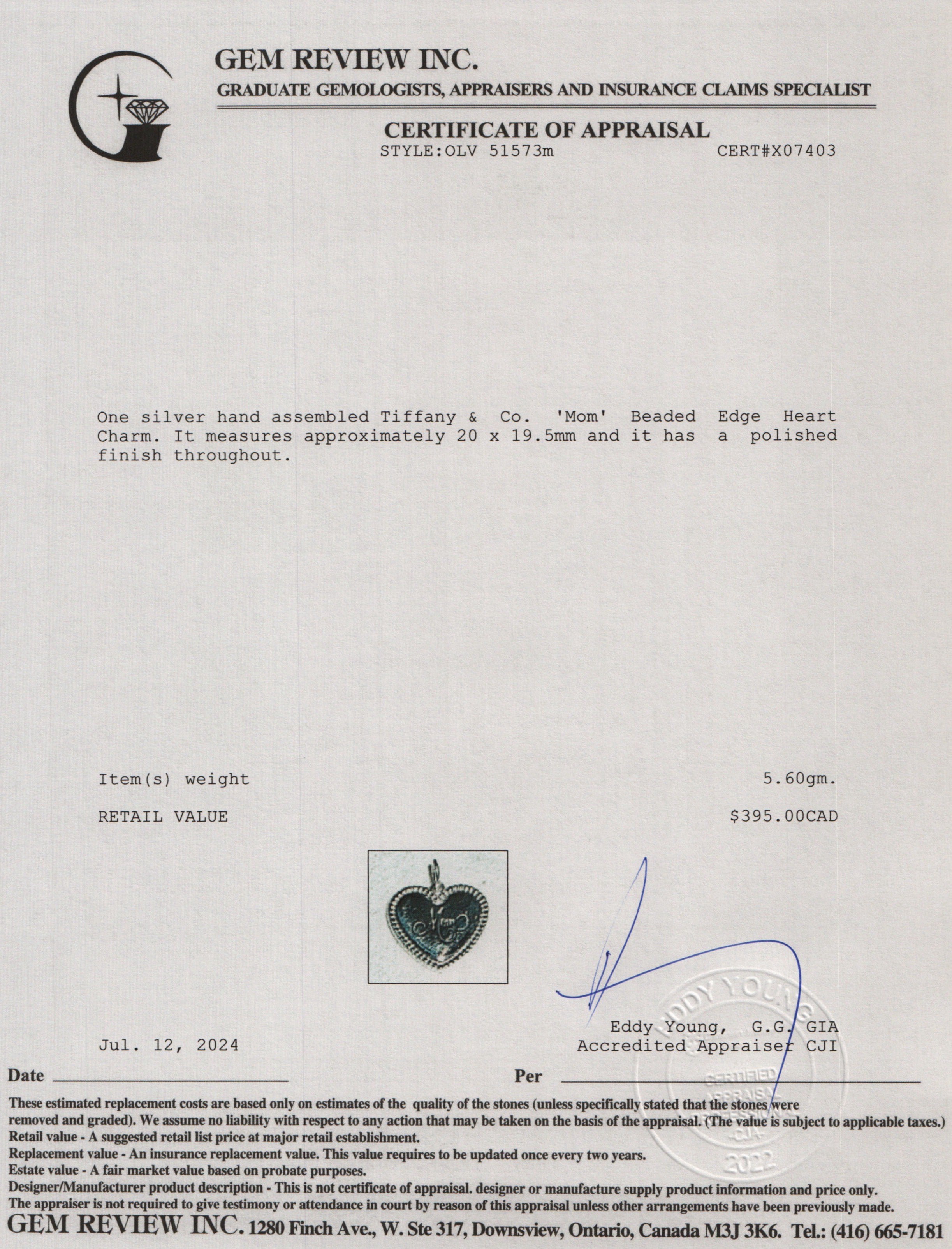 Tiffany & Co. Sterling Silver 'Mom' Beaded Edge Heart Charm