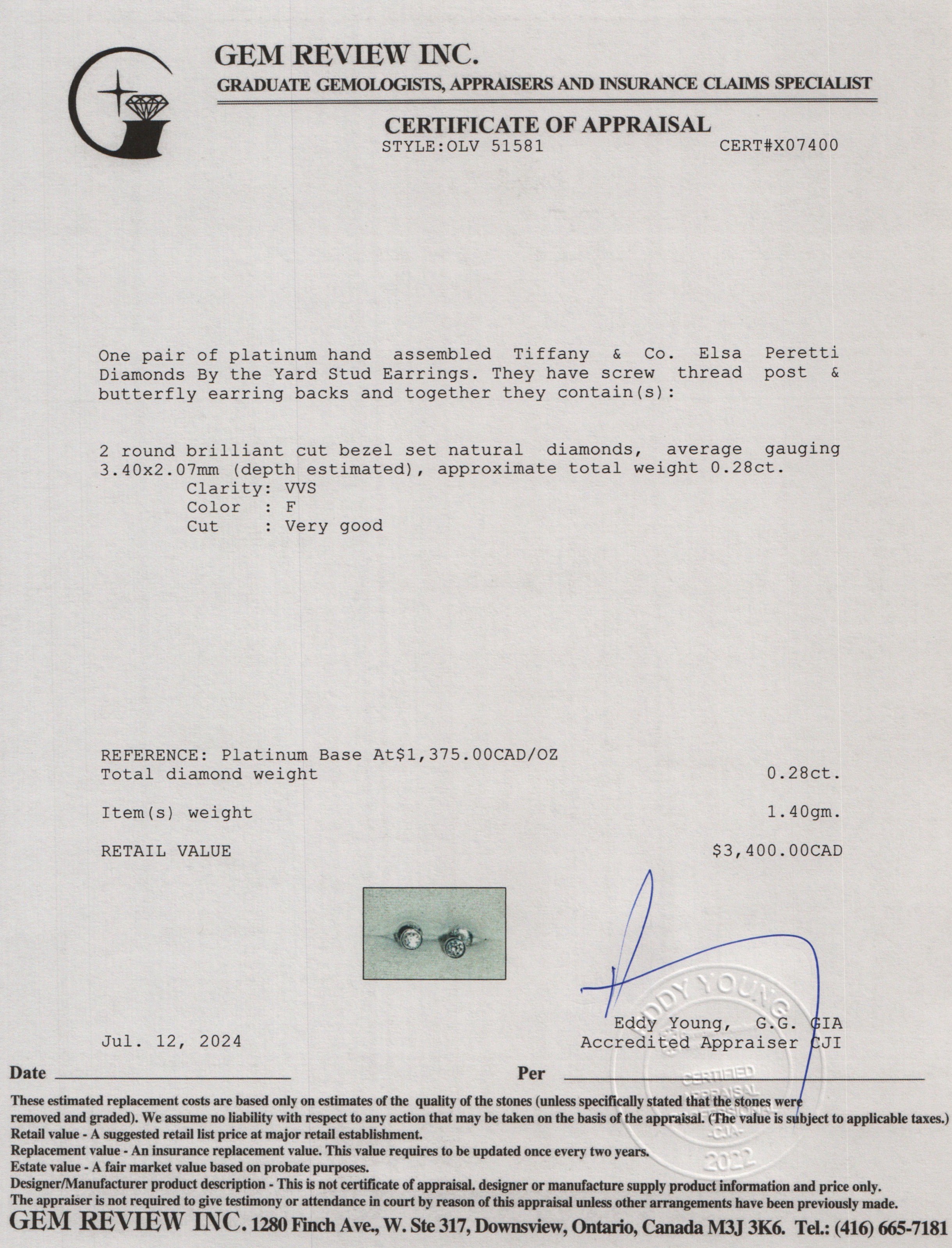 Tiffany & Co. Elsa Peretti Platinum 0.28 tcw Diamonds By the Yard Stud Earrings