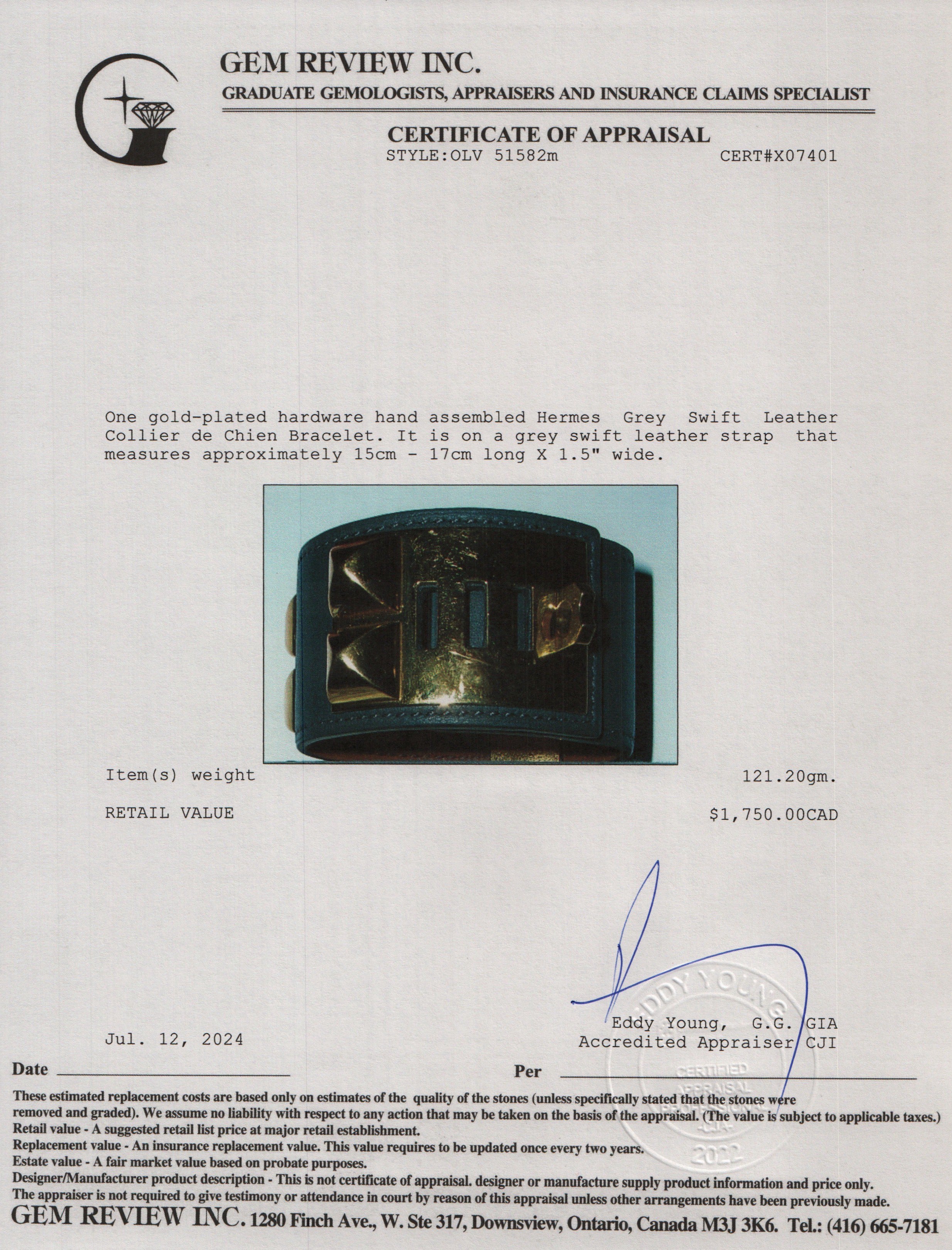 Hermes Gold-Plated Grey Swift Leather Collier de Chien Bracelet