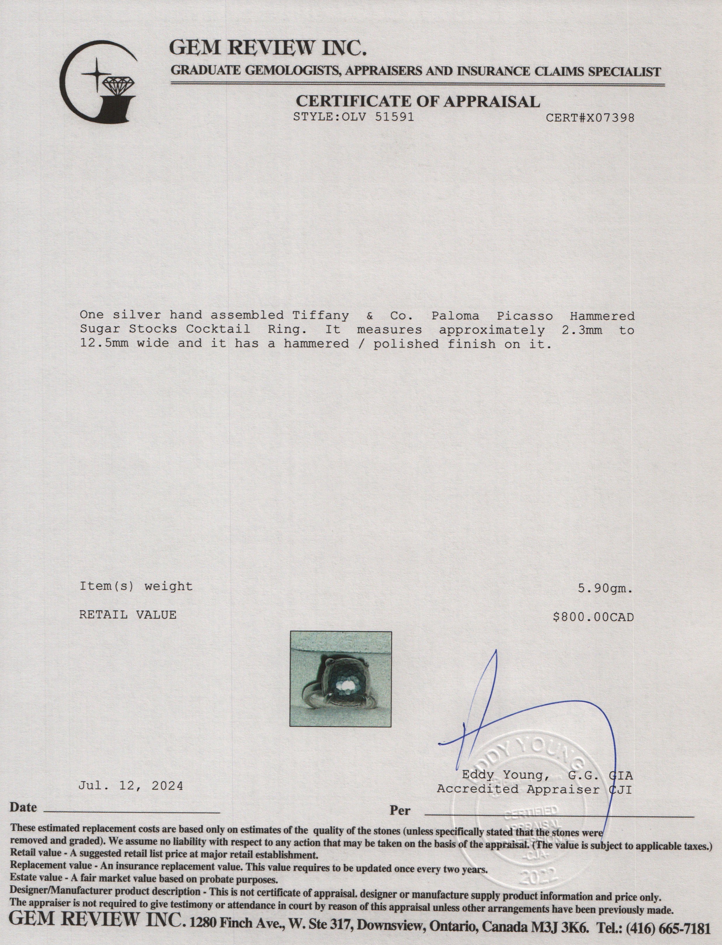 Tiffany & Co. Paloma Picasso Sterling Silver Hammered Sugar Stacks Cocktail Ring, Size 6