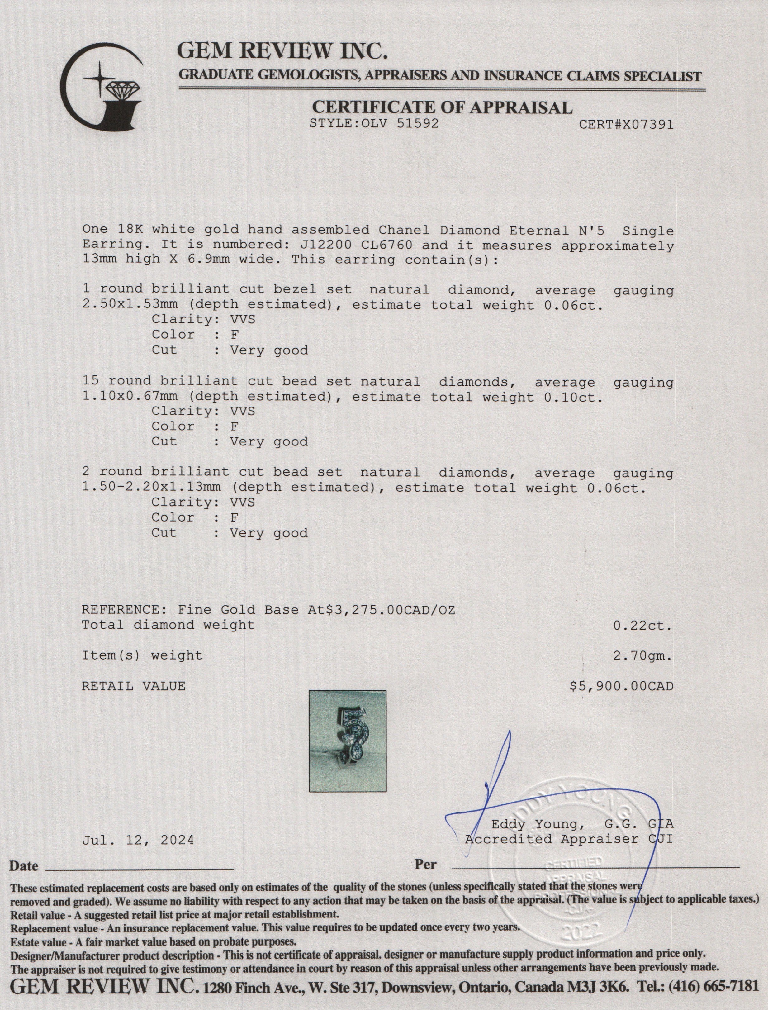 Chanel 2024 18k White Gold Diamond Eternal N'5 Single Earring w/ Box & Receipt