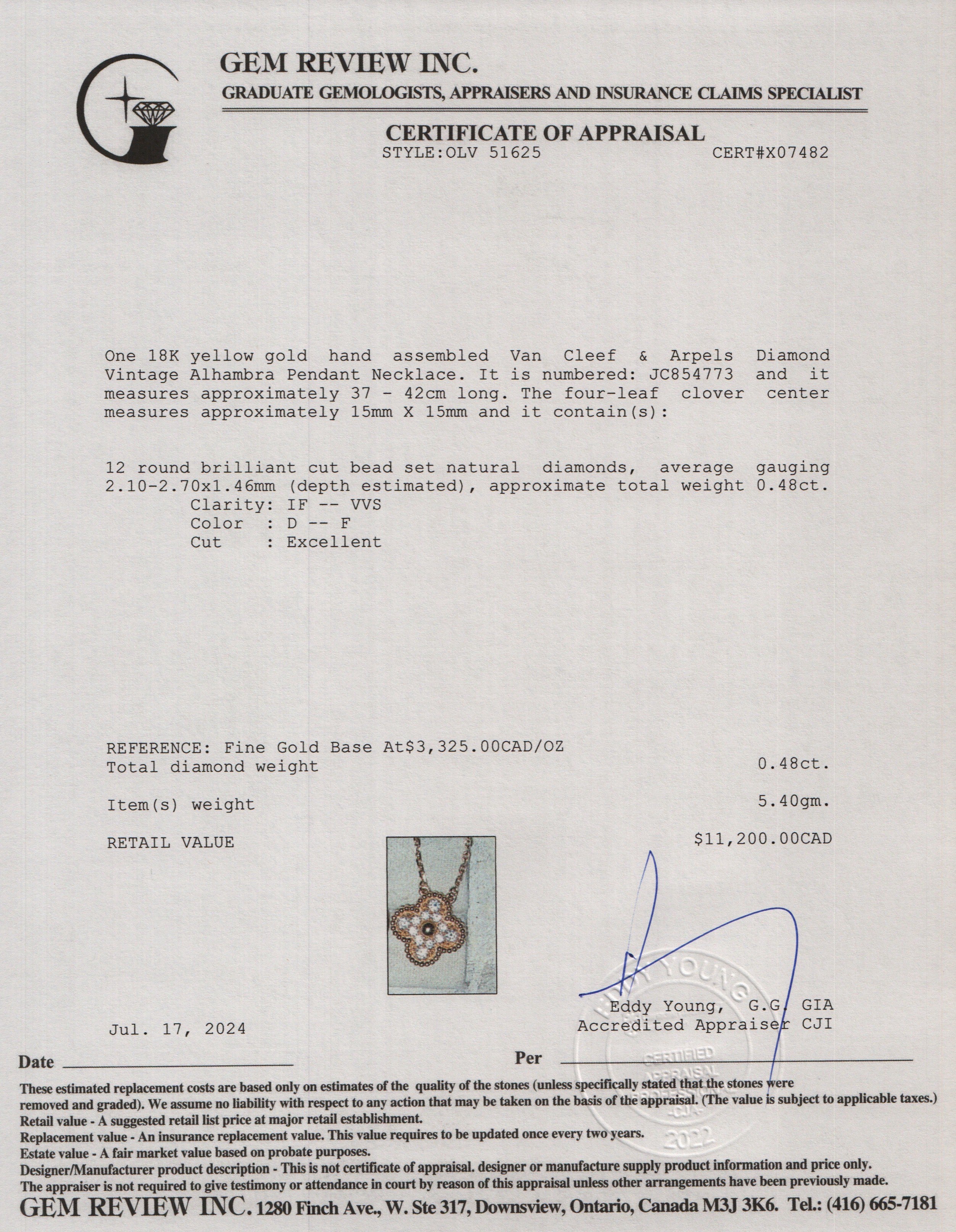 Van Cleef & Arpels 18k Yellow Gold Diamond Vintage Alhambra Pendant Necklace w/ Box & Certificate