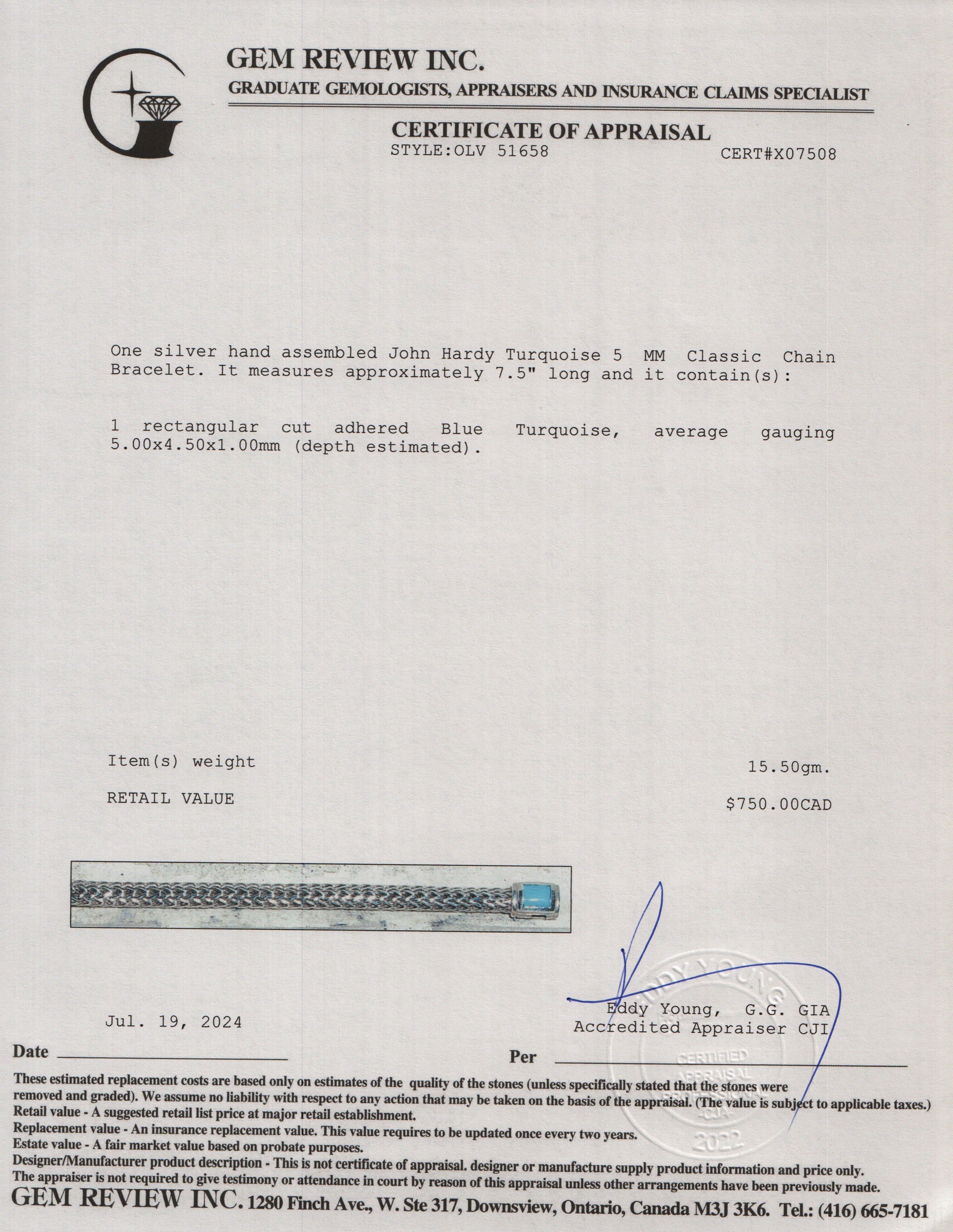 John Hardy Sterling Silver Turquoise 5 MM Classic Chain Bracelet