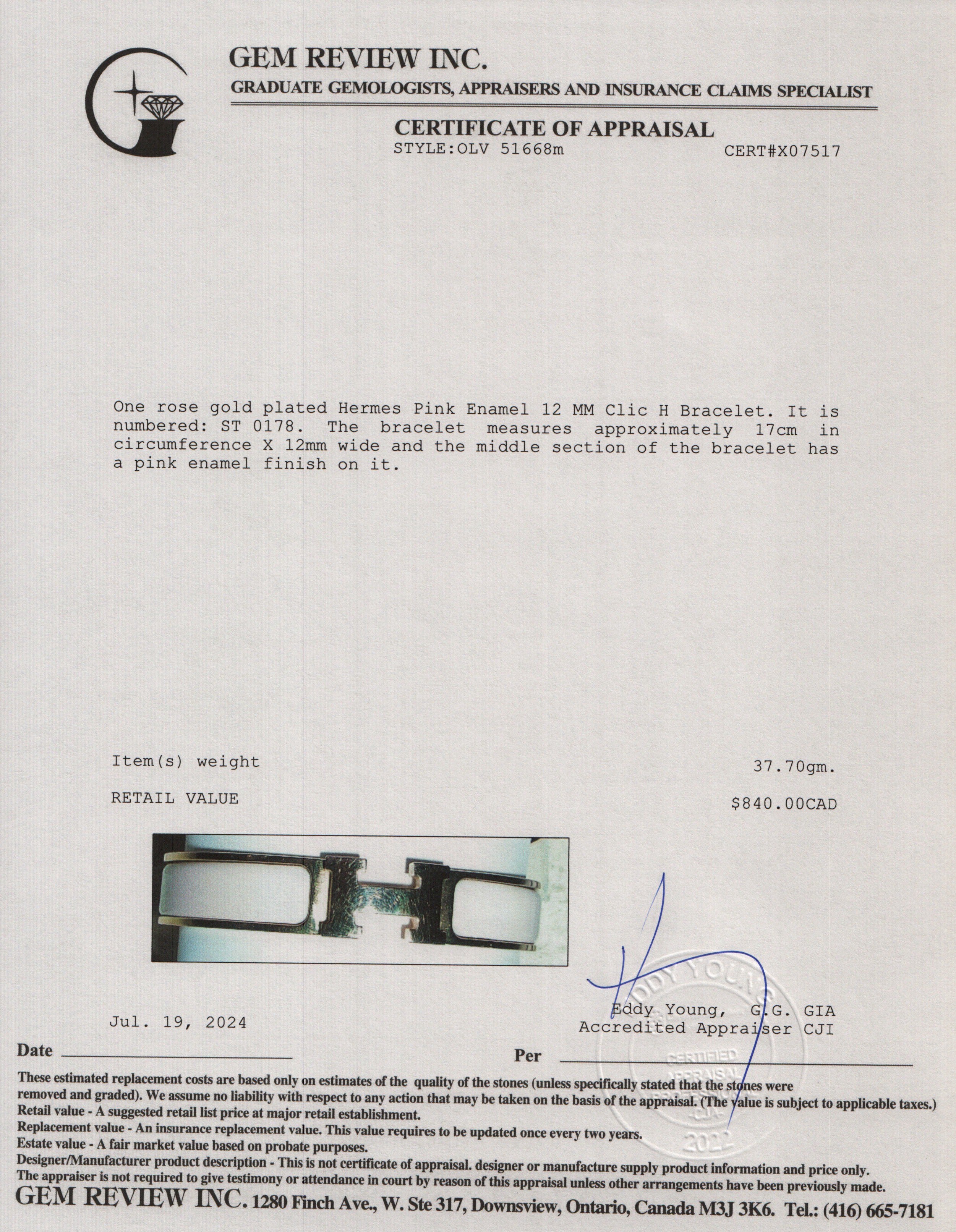 Hermes Rose Gold-Plated Pink Enamel 12 MM Clic H Bracelet